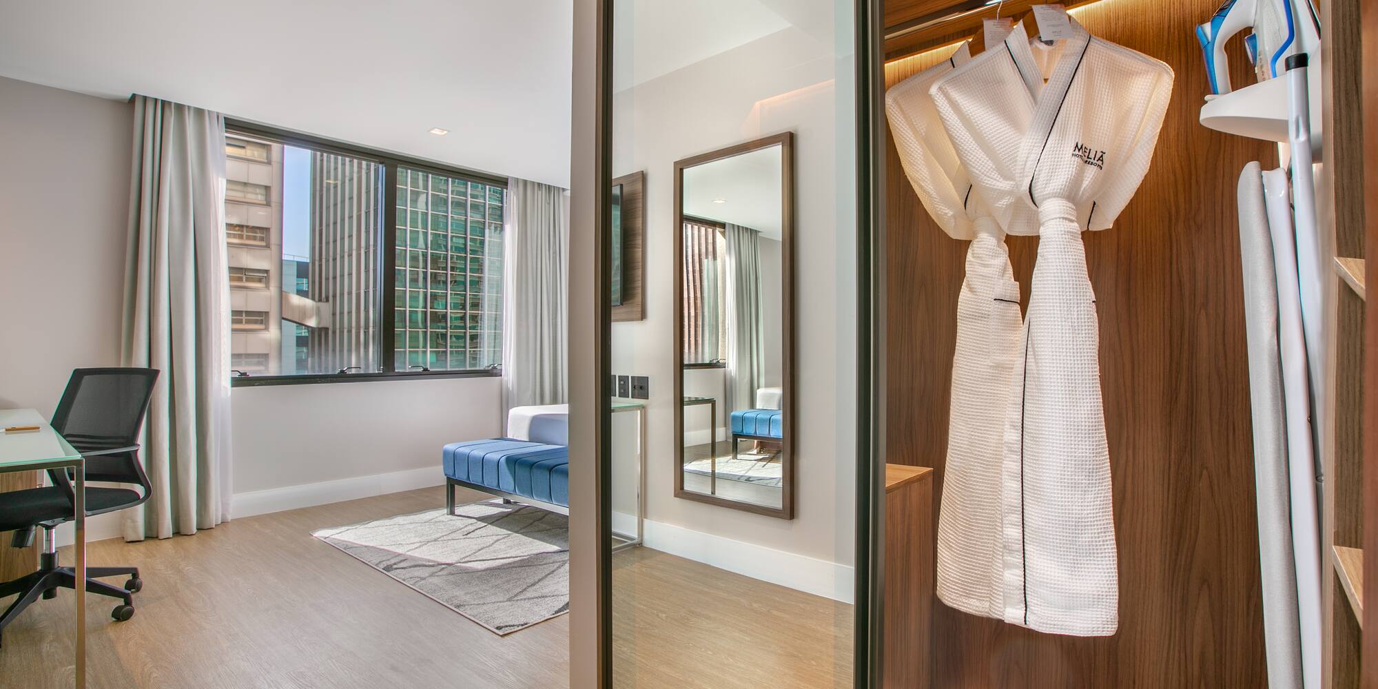 a room with a white robe and shoes