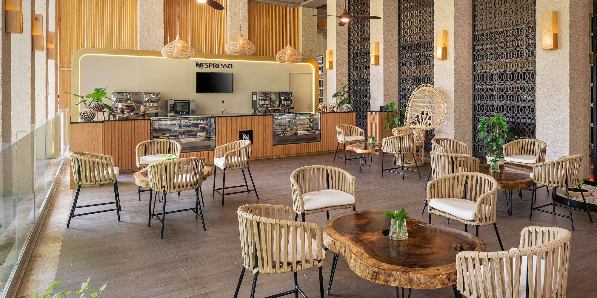 a room with tables and chairs