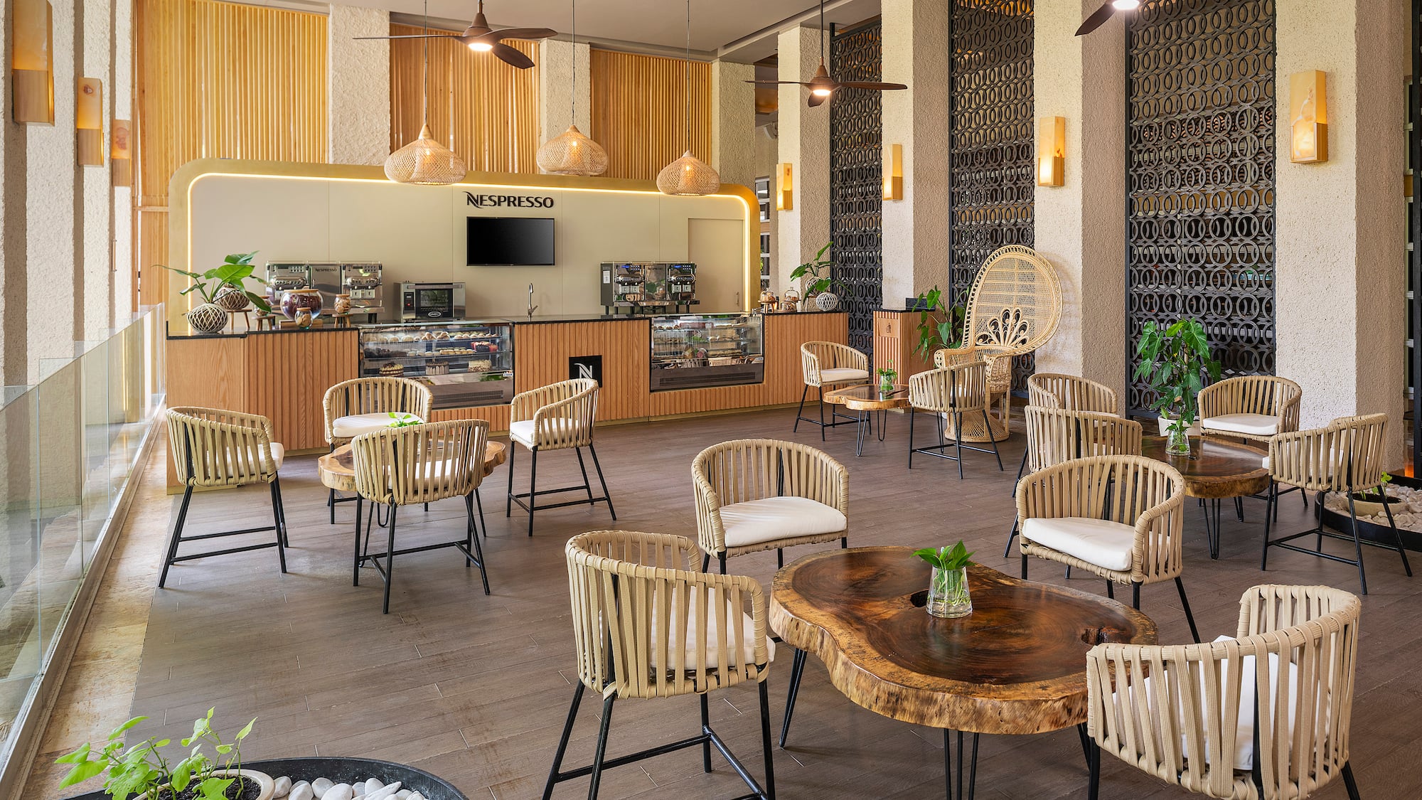 a room with tables and chairs