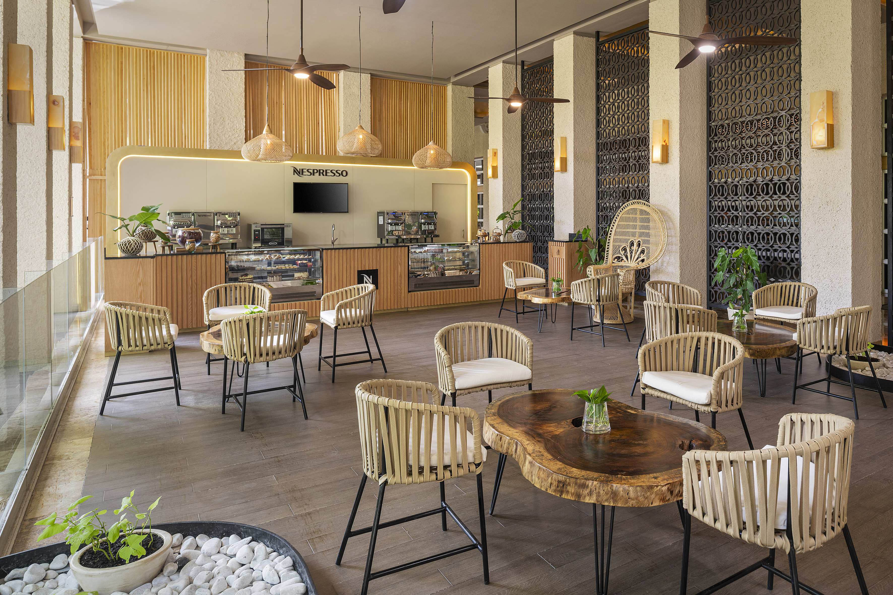 a room with tables and chairs