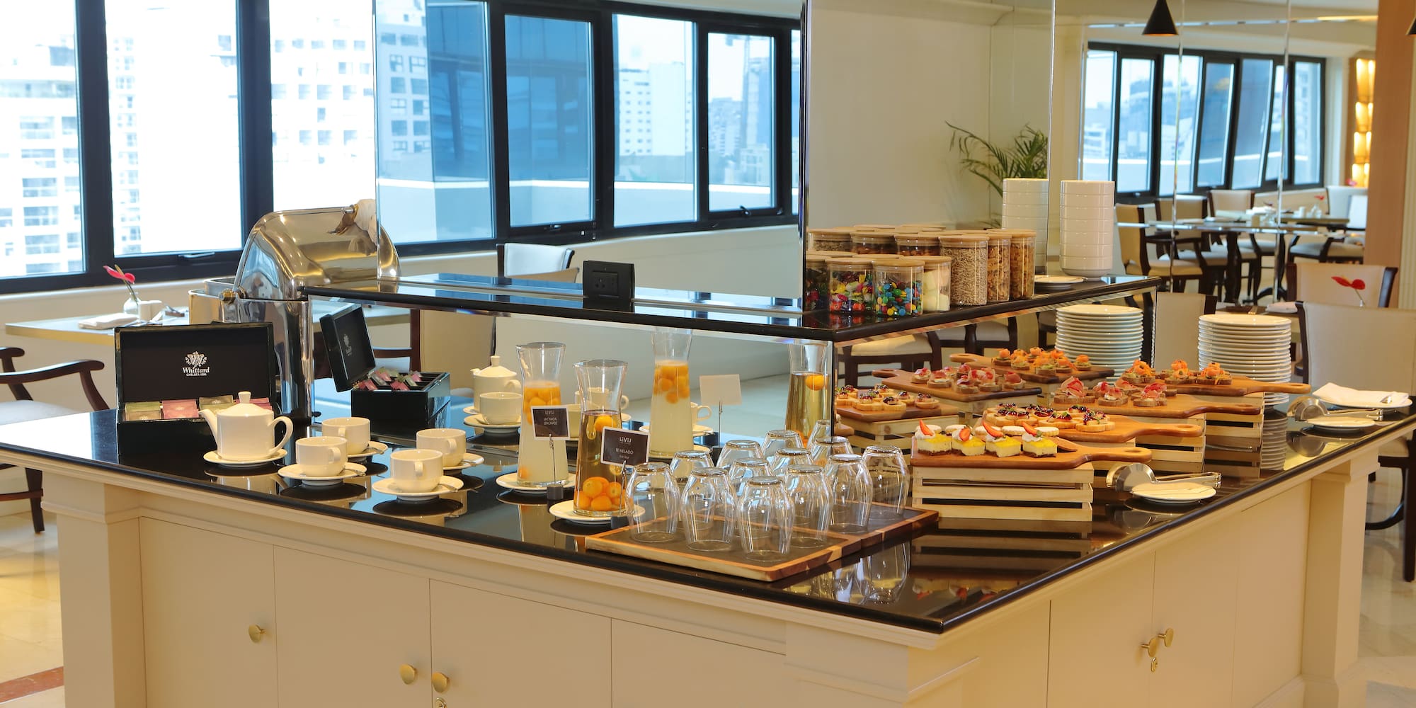 a buffet table with food on it