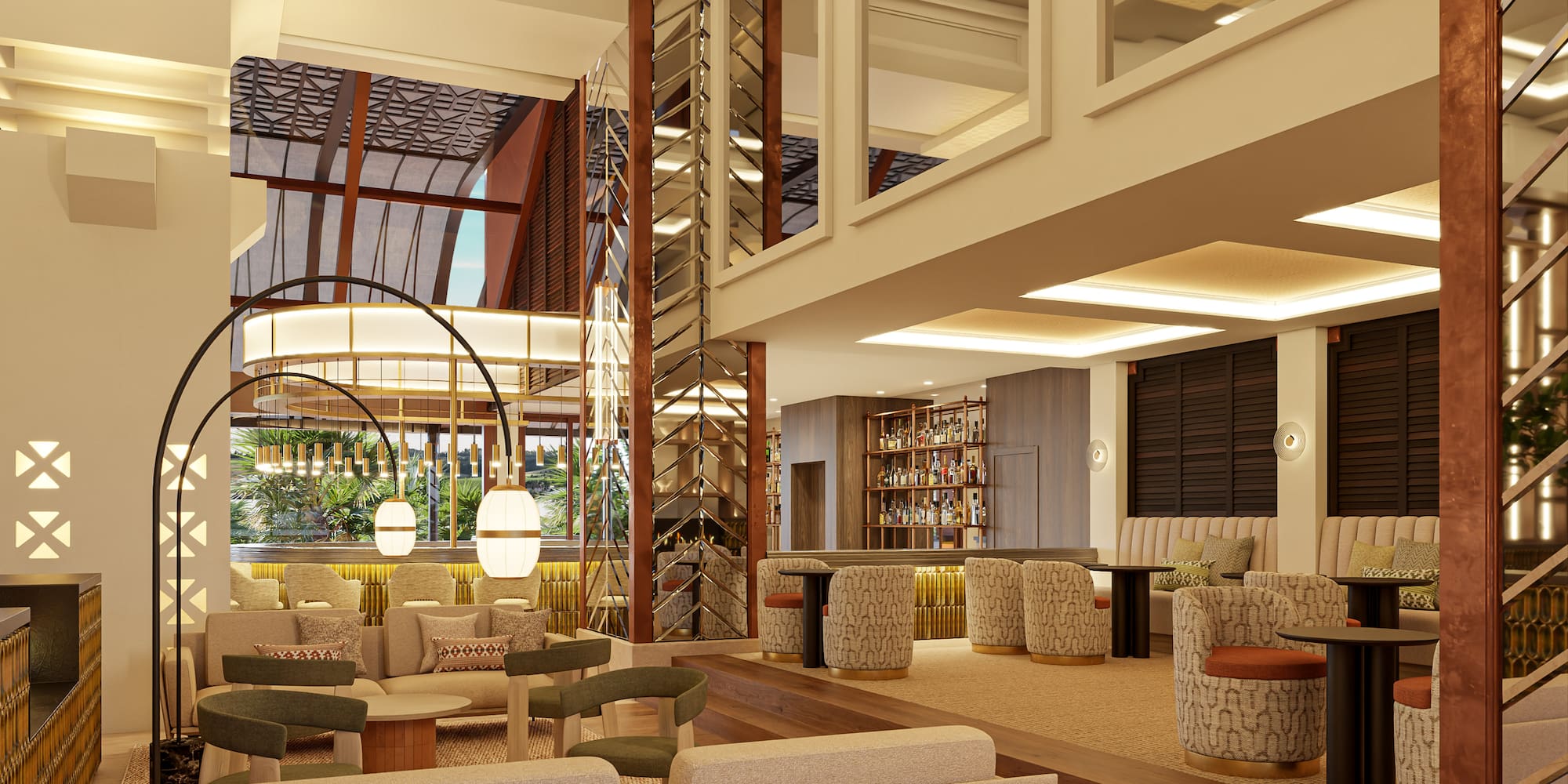 a room with a large staircase and a large sofa