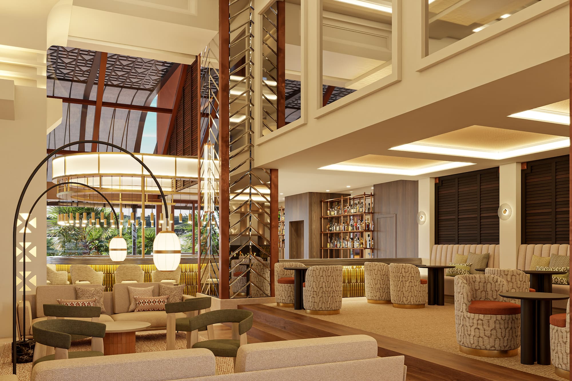 a room with a large staircase and a large sofa