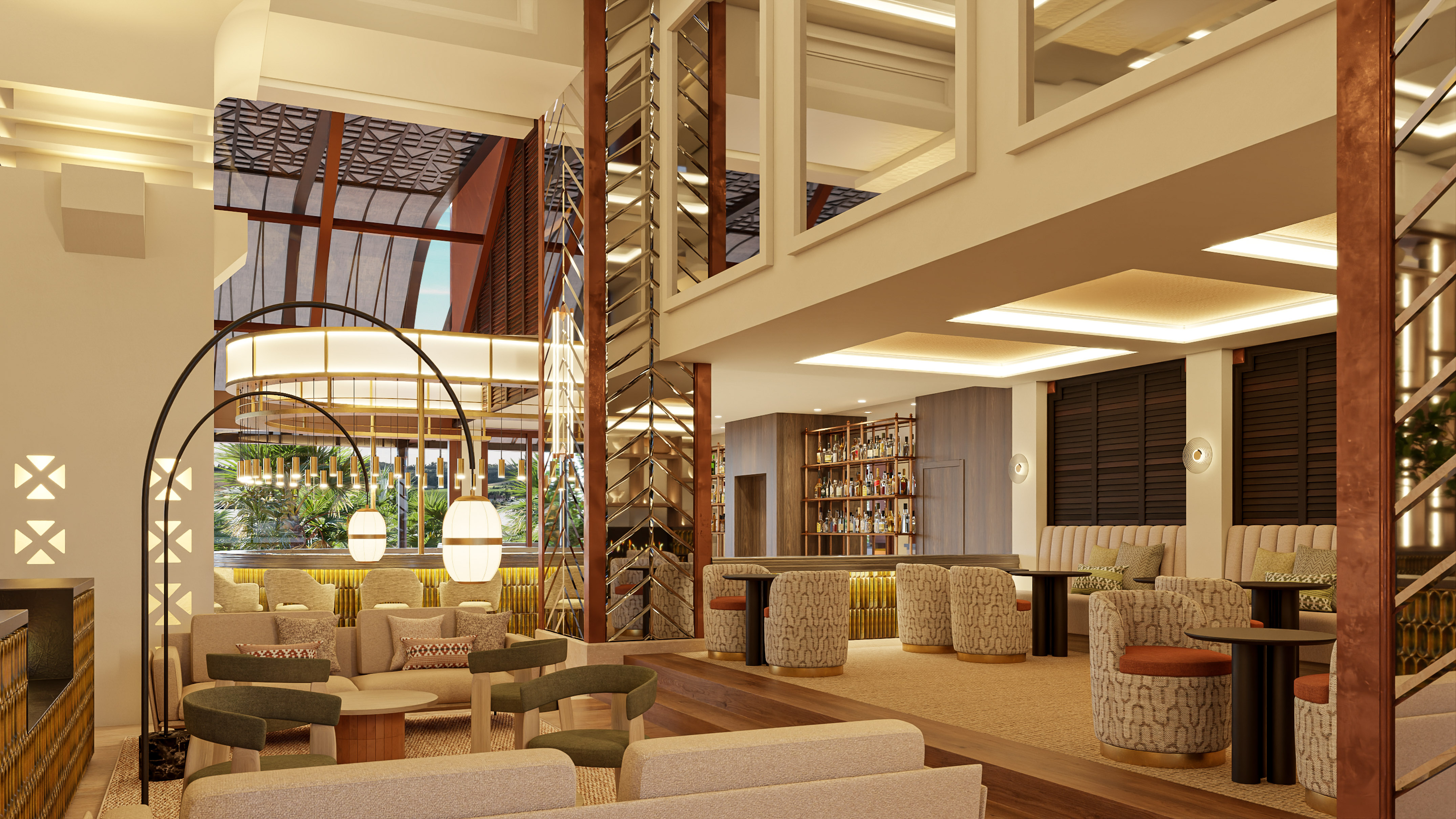 a room with a large staircase and a large sofa