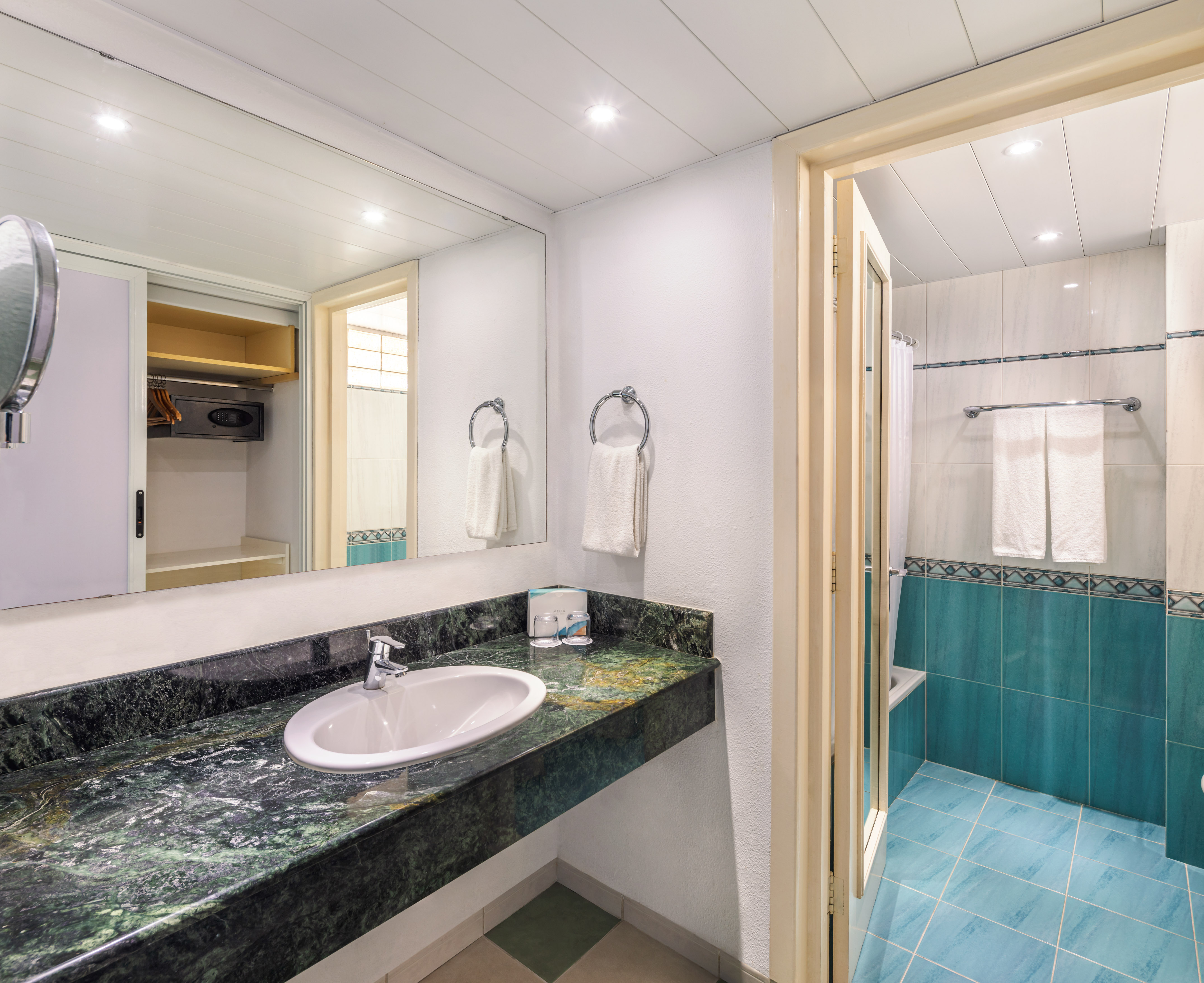 a bathroom with a sink and shower