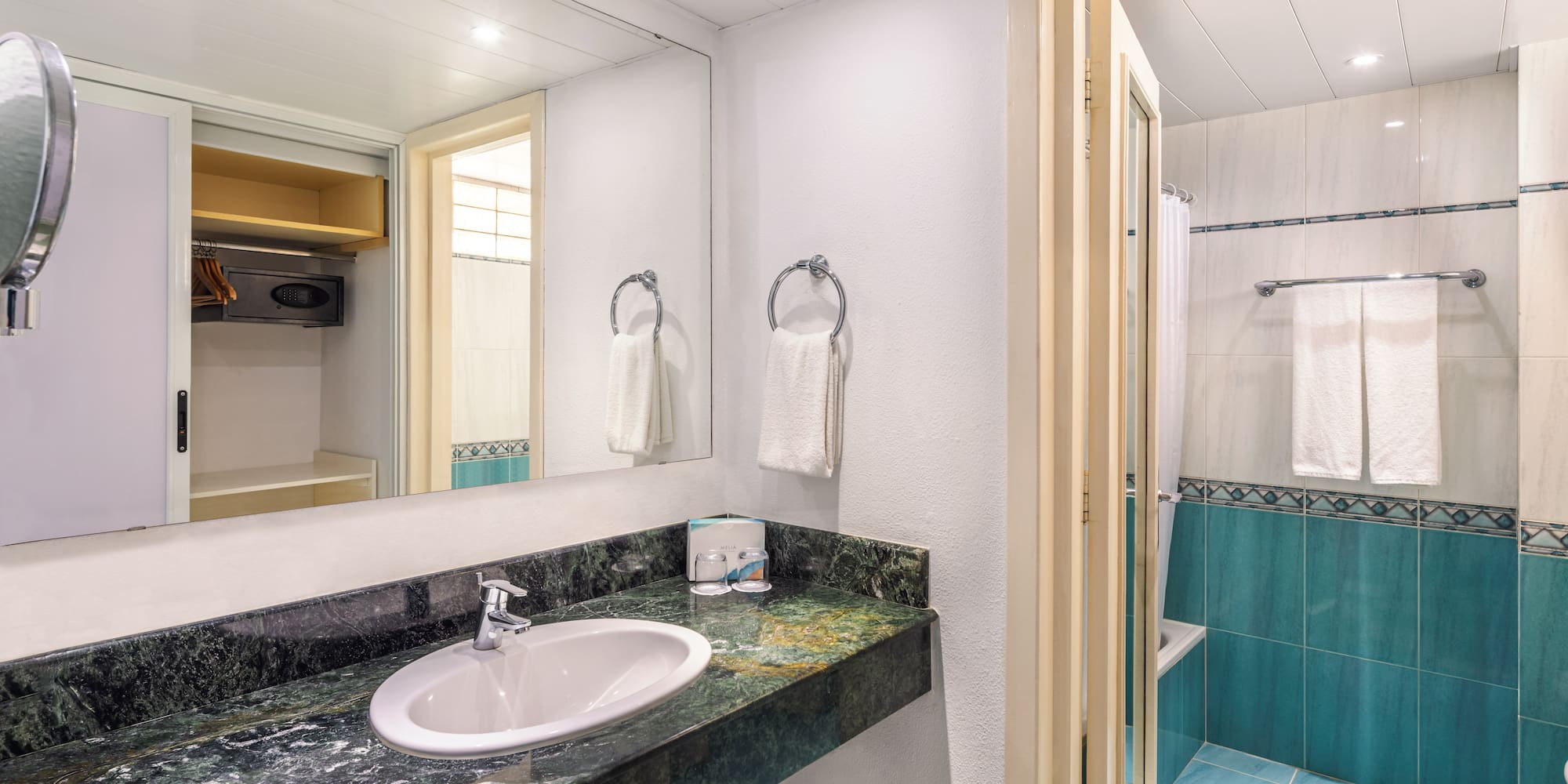 a bathroom with a sink and shower