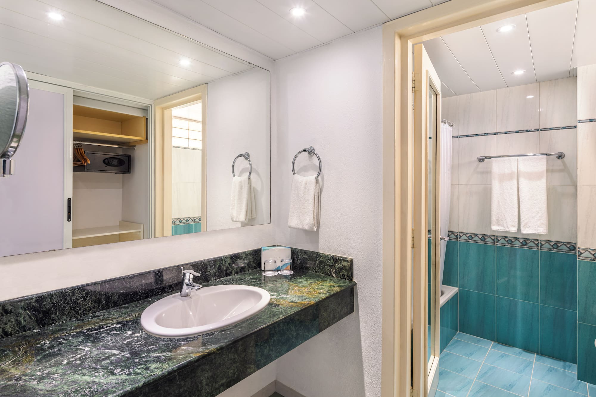 a bathroom with a sink and shower