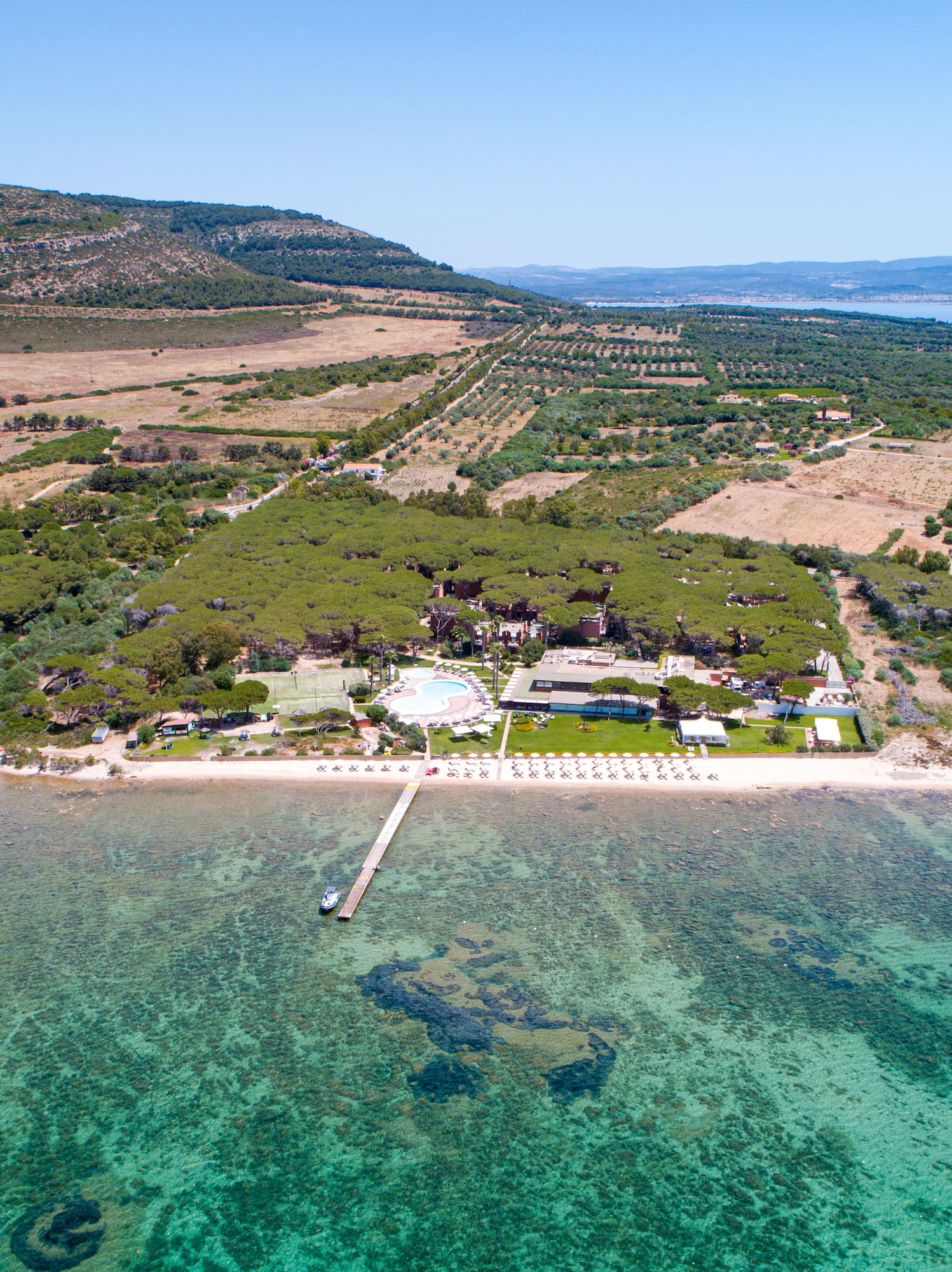 an aerial view of a beach with a pool and trees