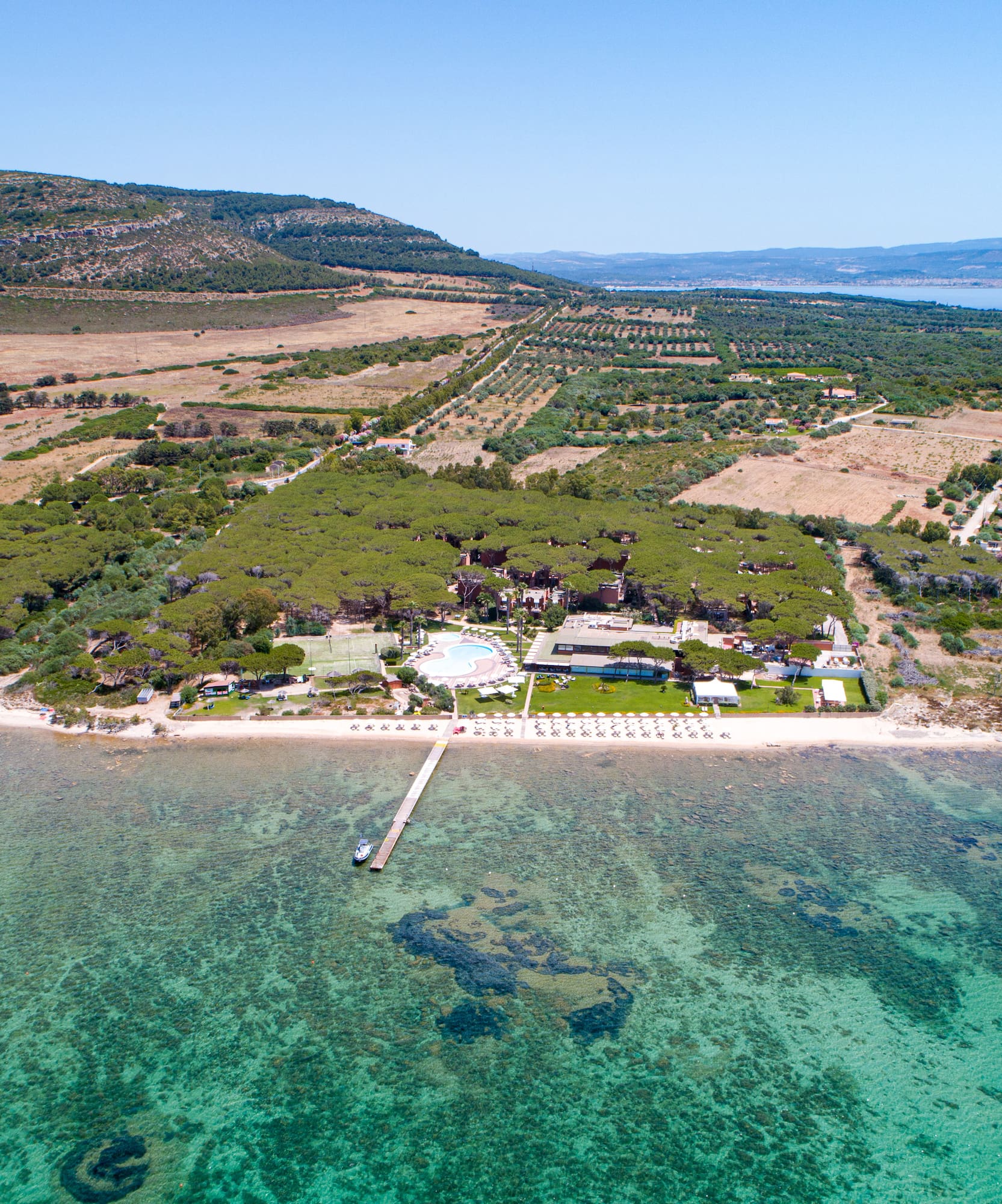 an aerial view of a beach with a pool and trees