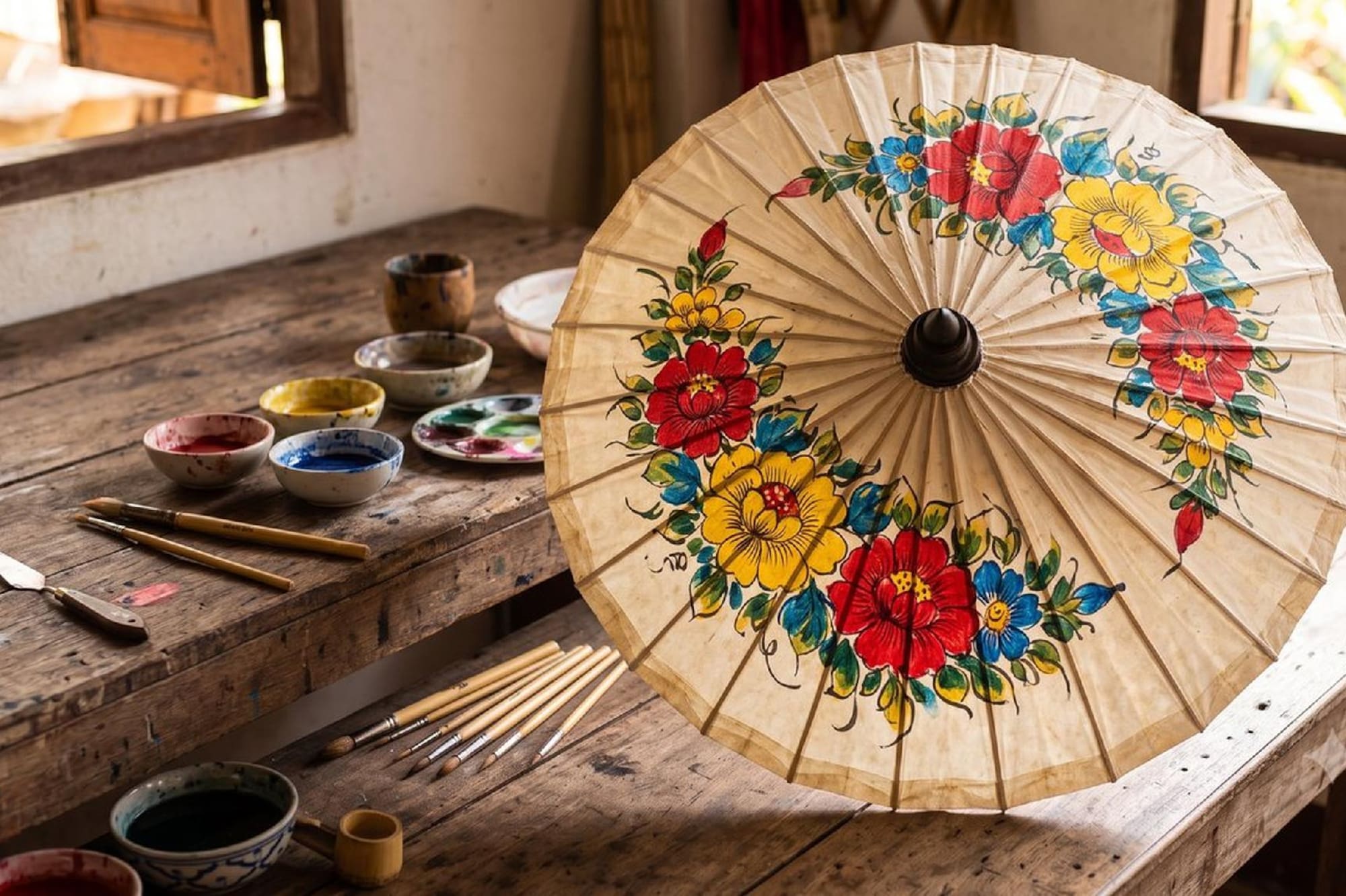 Traditional hand-painted floral umbrella with vibrant paint and brushes.
