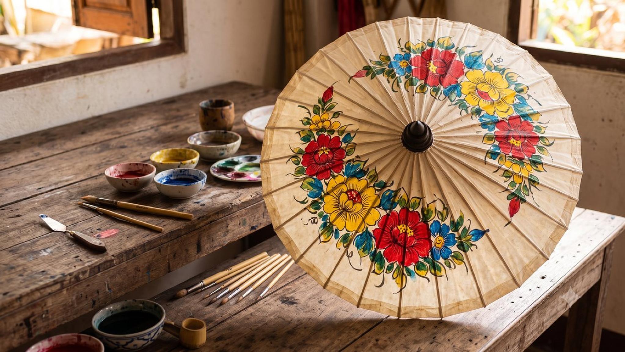 Traditional hand-painted floral umbrella with vibrant paint and brushes.