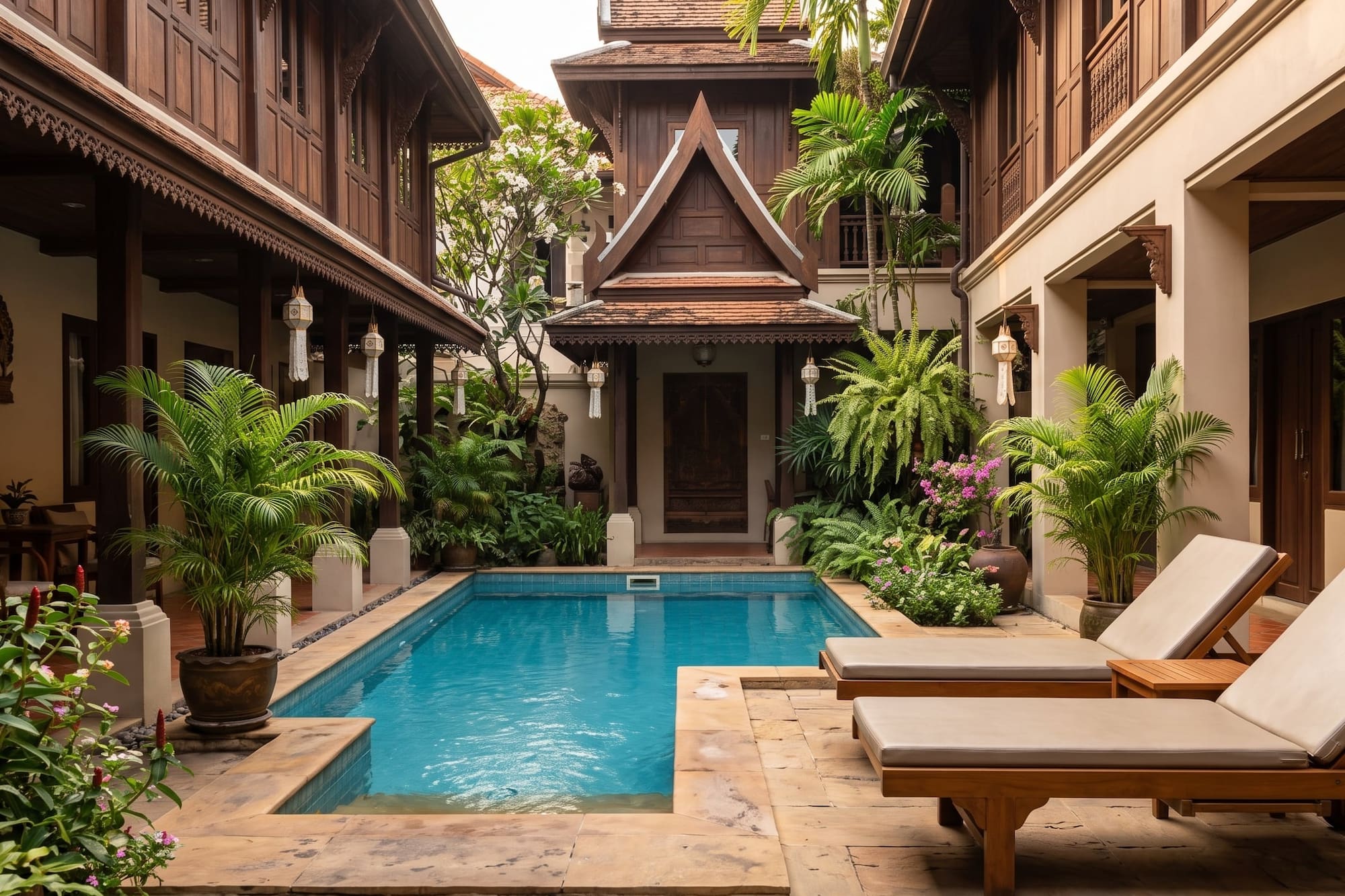 Lush Thai courtyard pool with traditional wooden buildings and sun loungers.