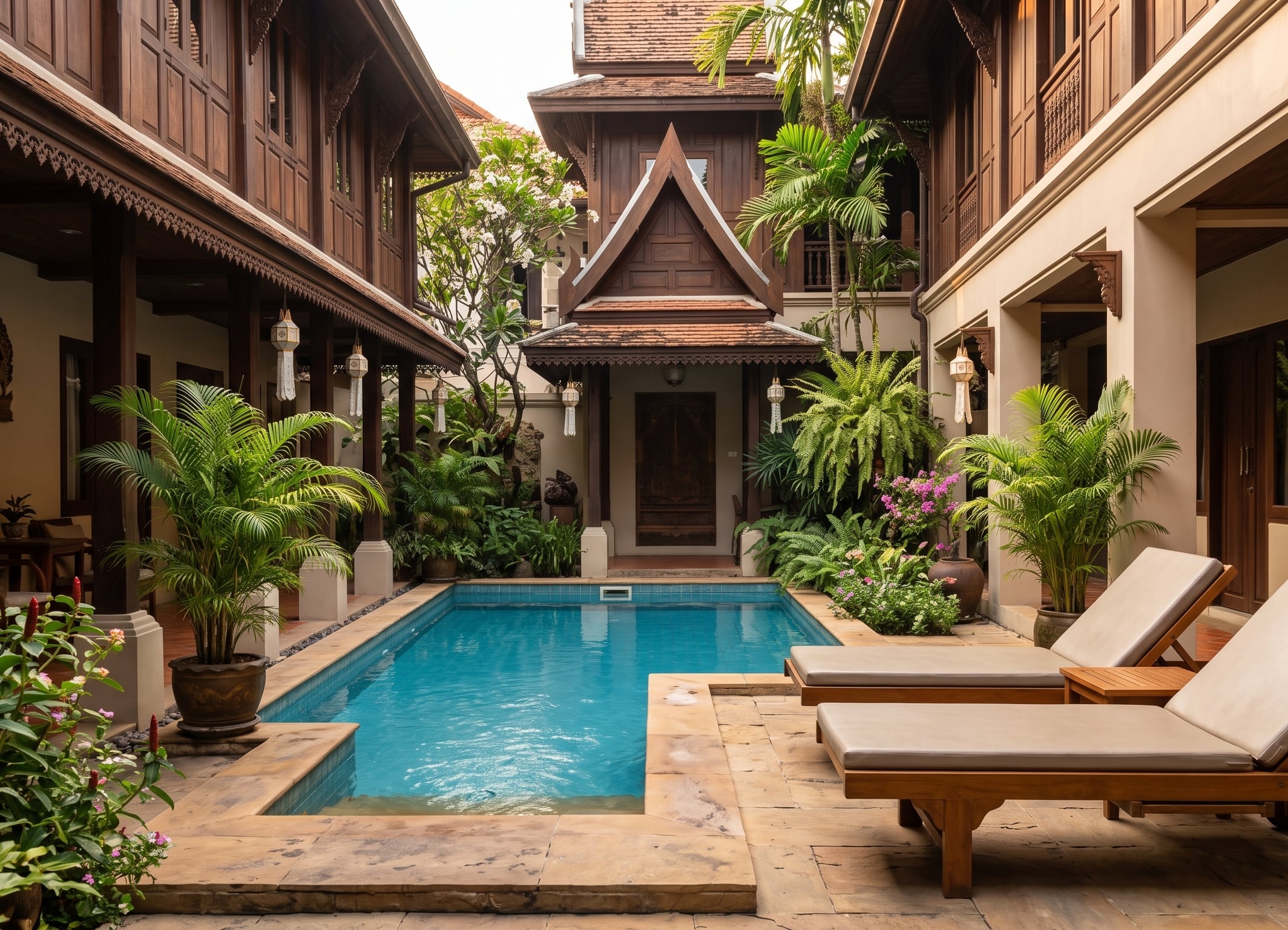 Lush Thai courtyard pool with traditional wooden buildings and sun loungers.