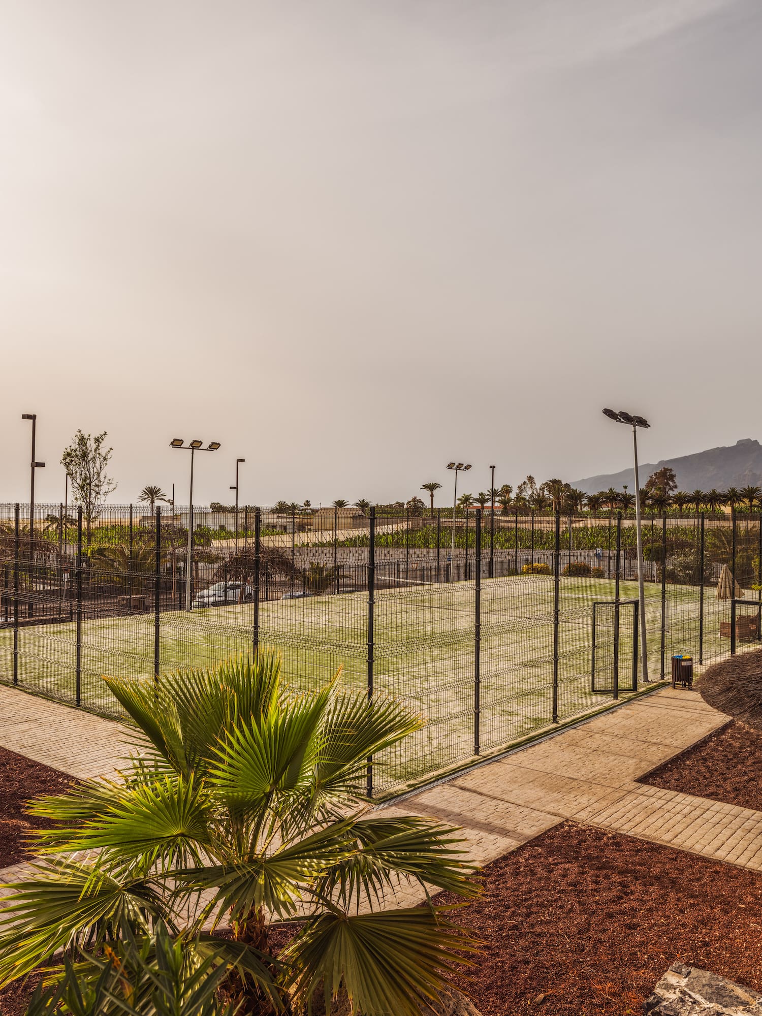 a tennis court with trees and a fence