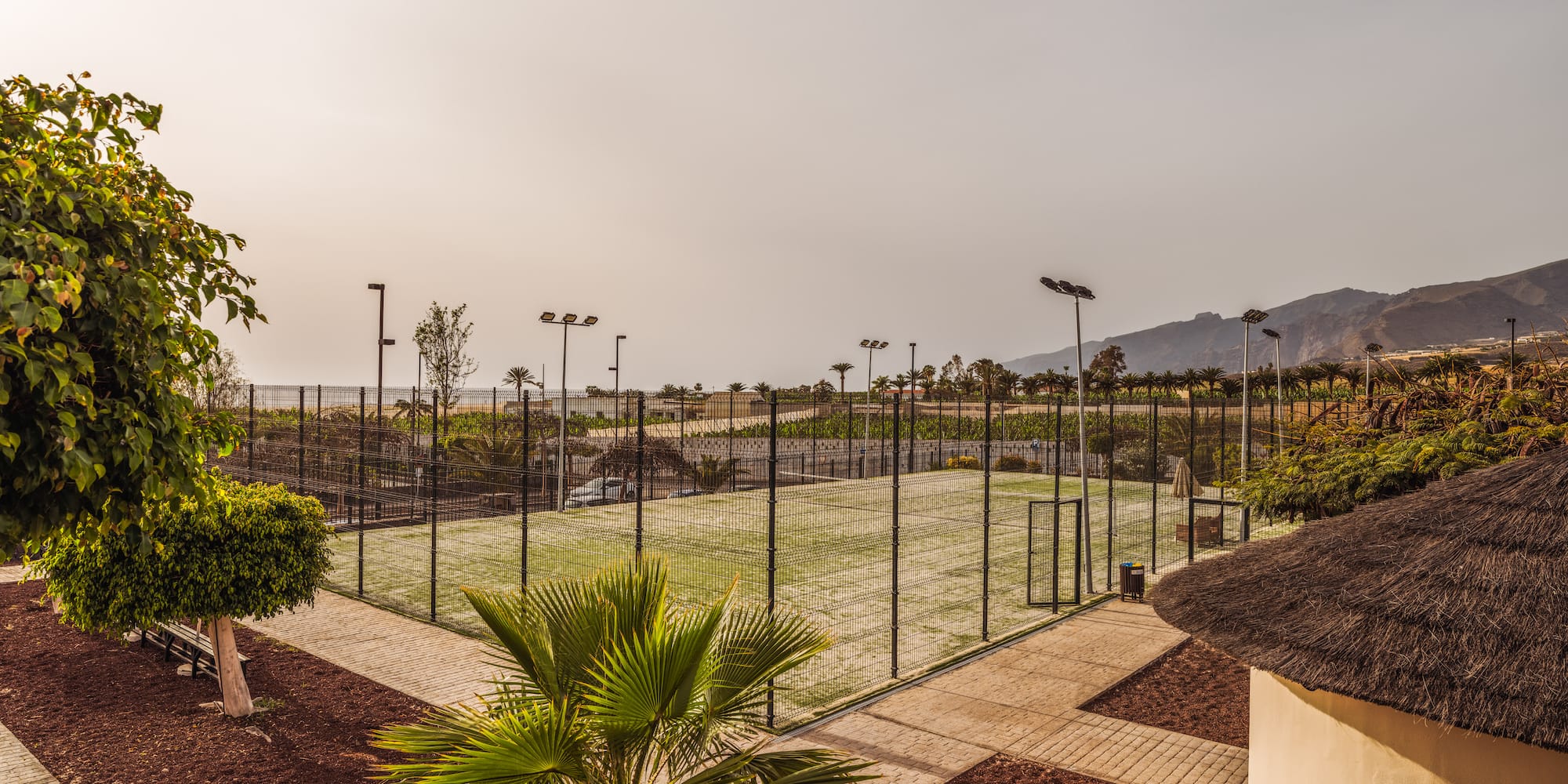 a tennis court with trees and a fence