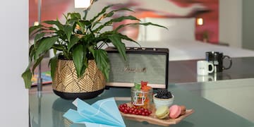 a table with a plant and a plate of food on it