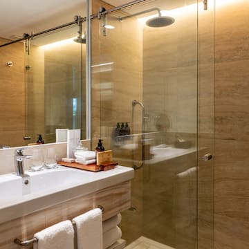 a bathroom with a glass shower
