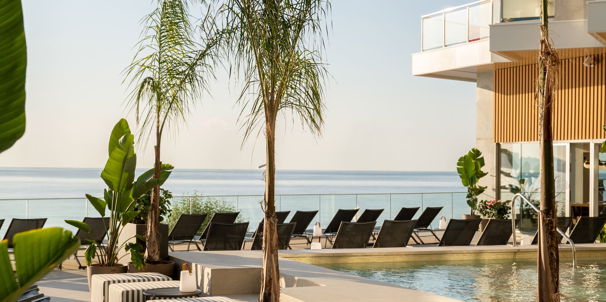 a pool with chairs and tables and palm trees