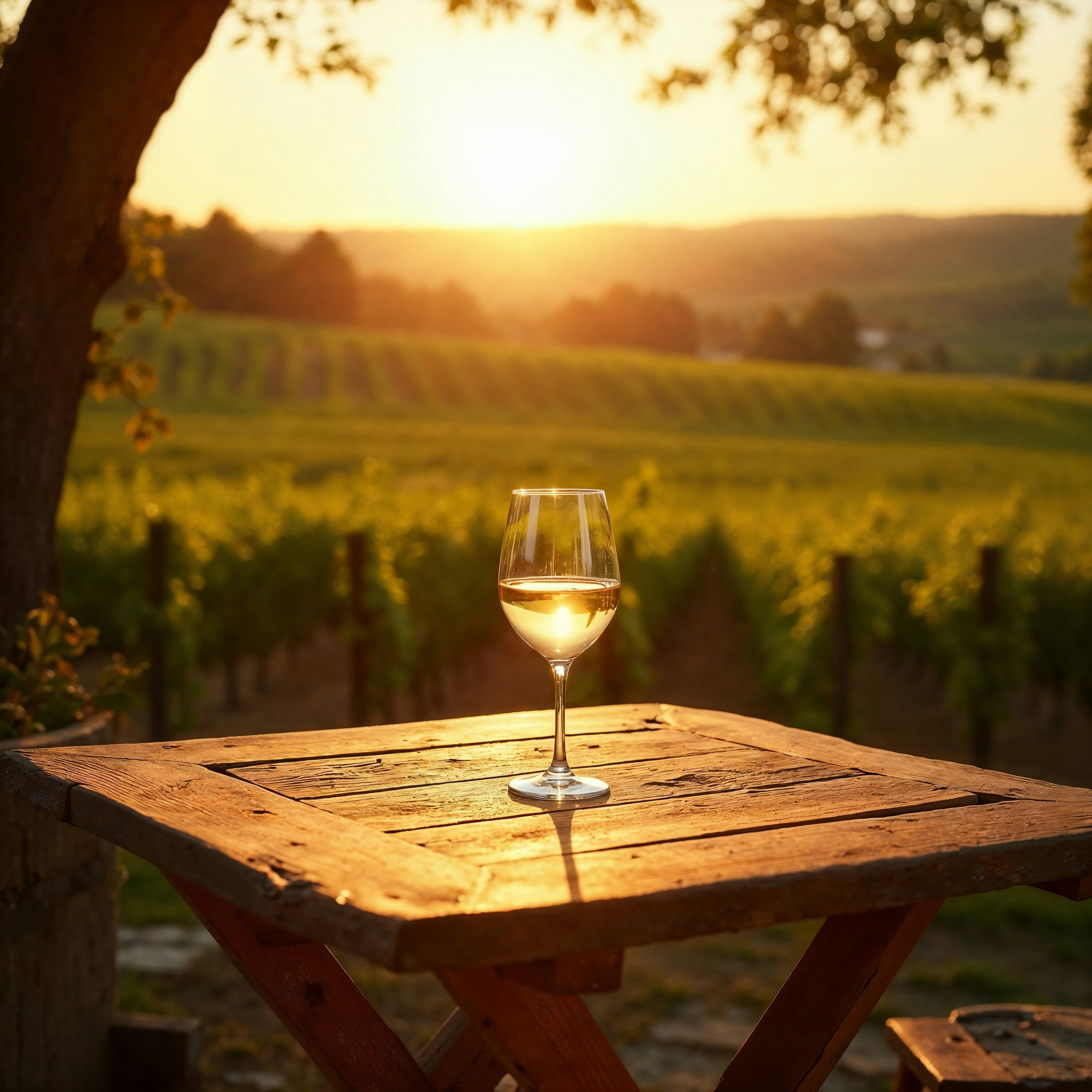 Golden sunset over vineyard, with white wine glass on rustic wooden table.