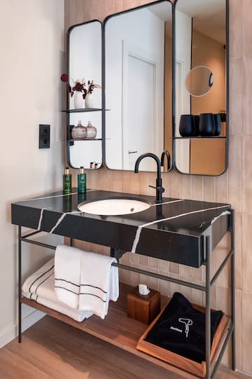 a bathroom with a black sink and mirror