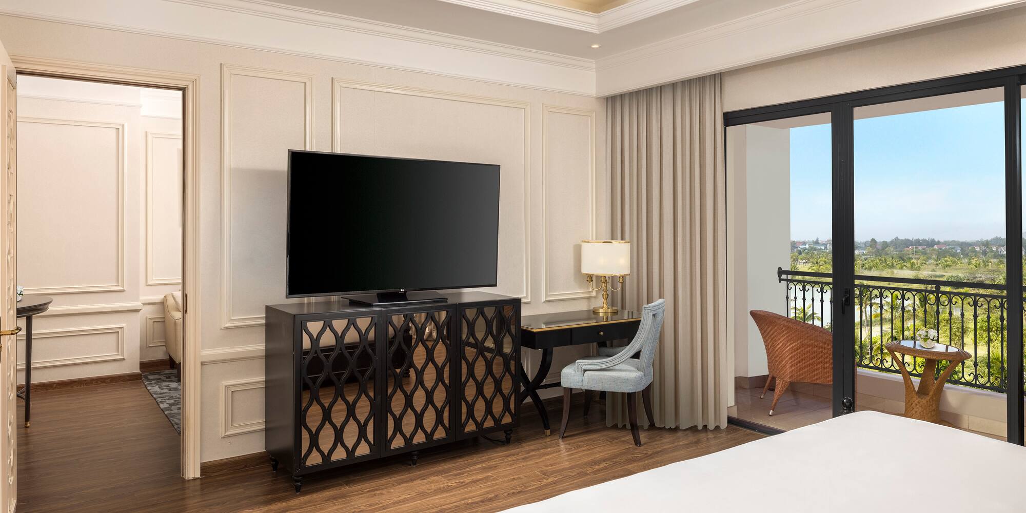 a room with a television and a table