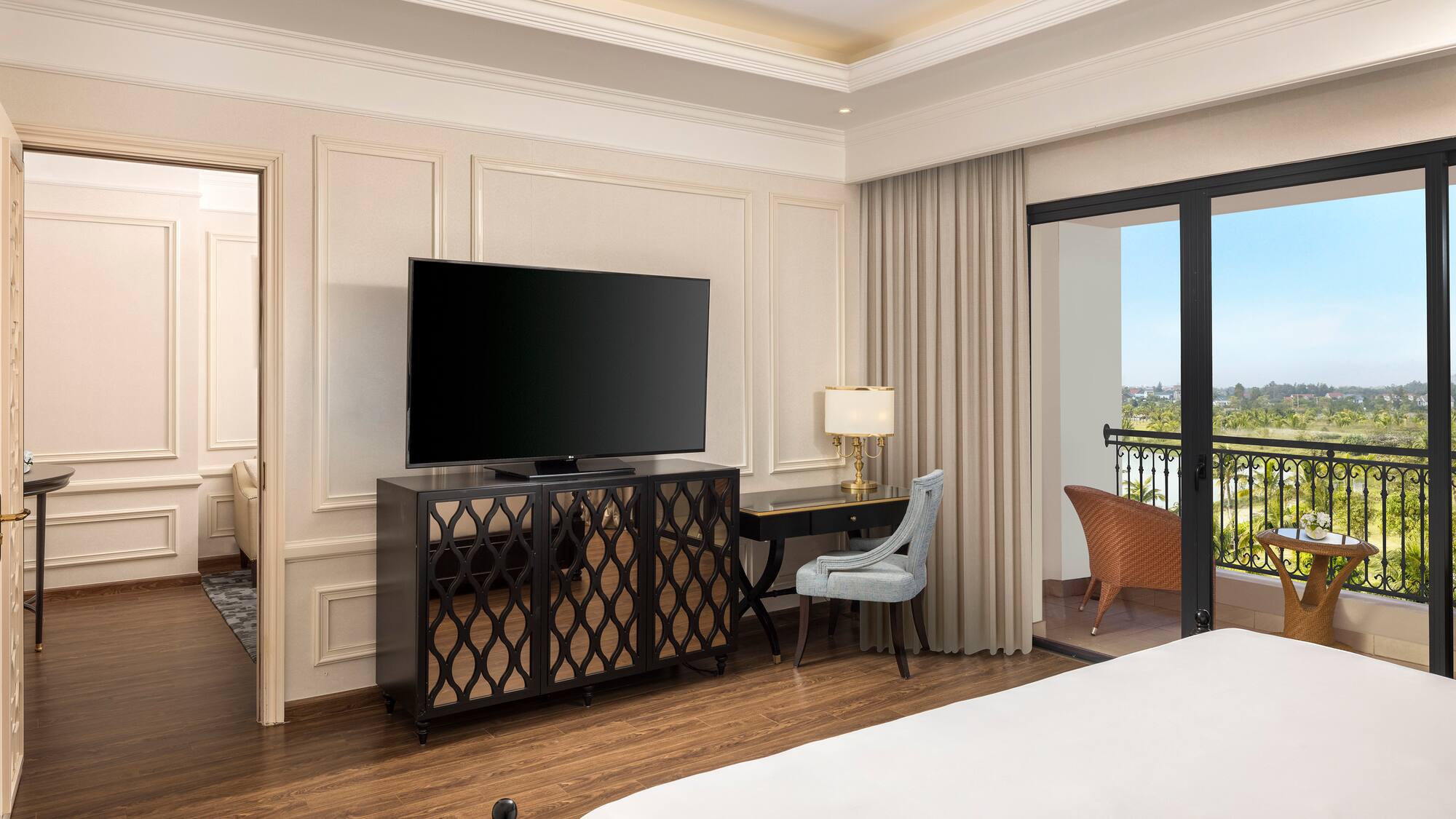 a room with a television and a table