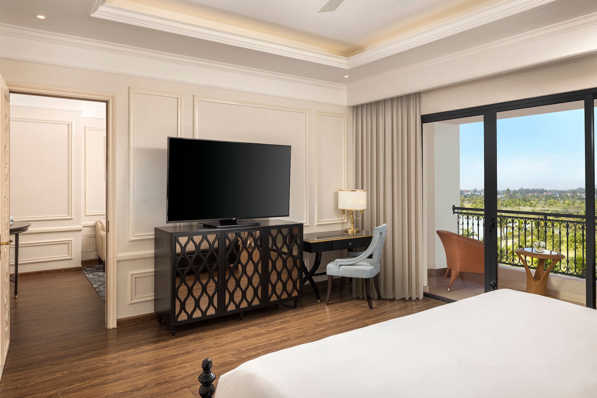 a room with a television and a table