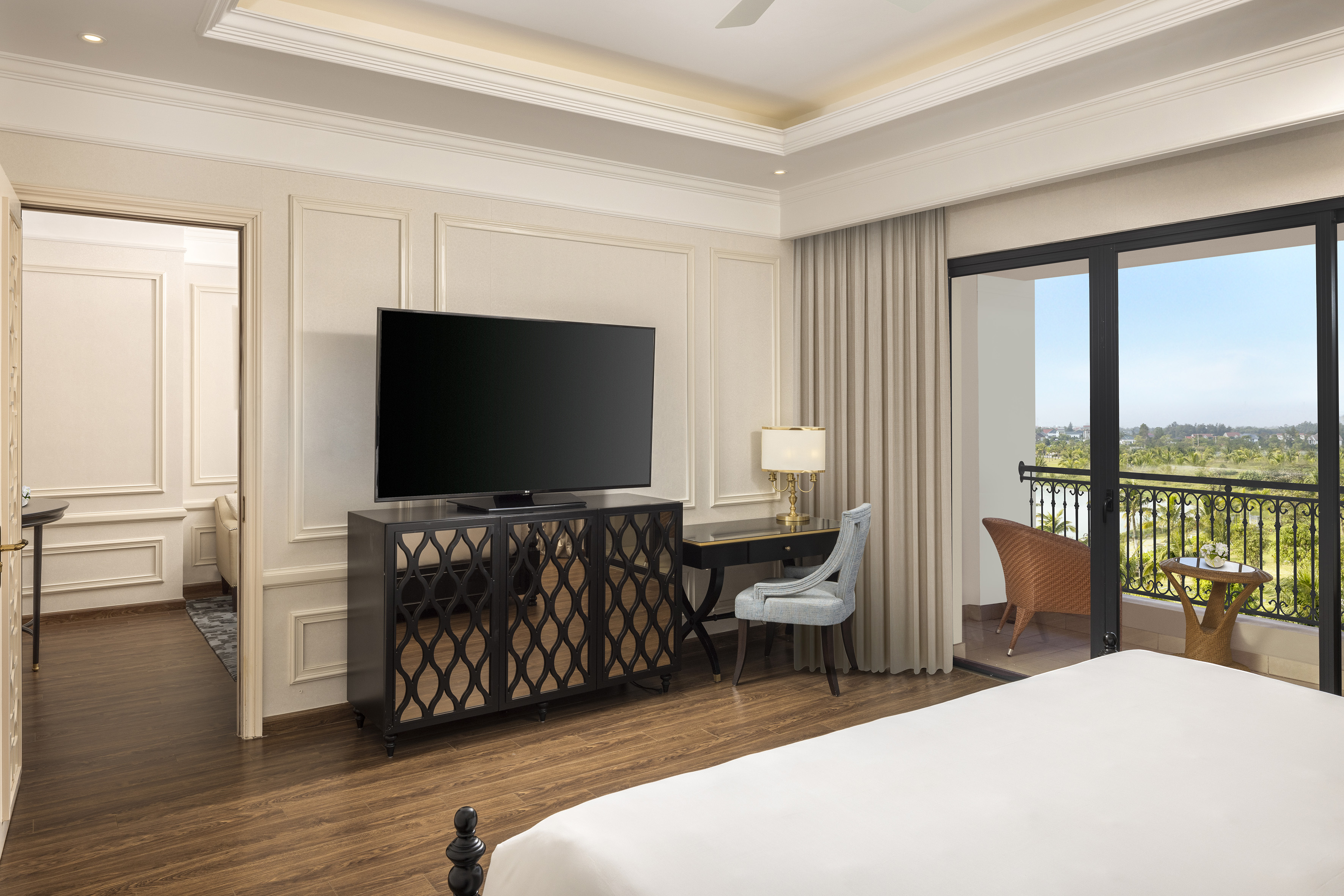 a room with a television and a table