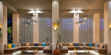 a room with a large couch and a plant in a pot