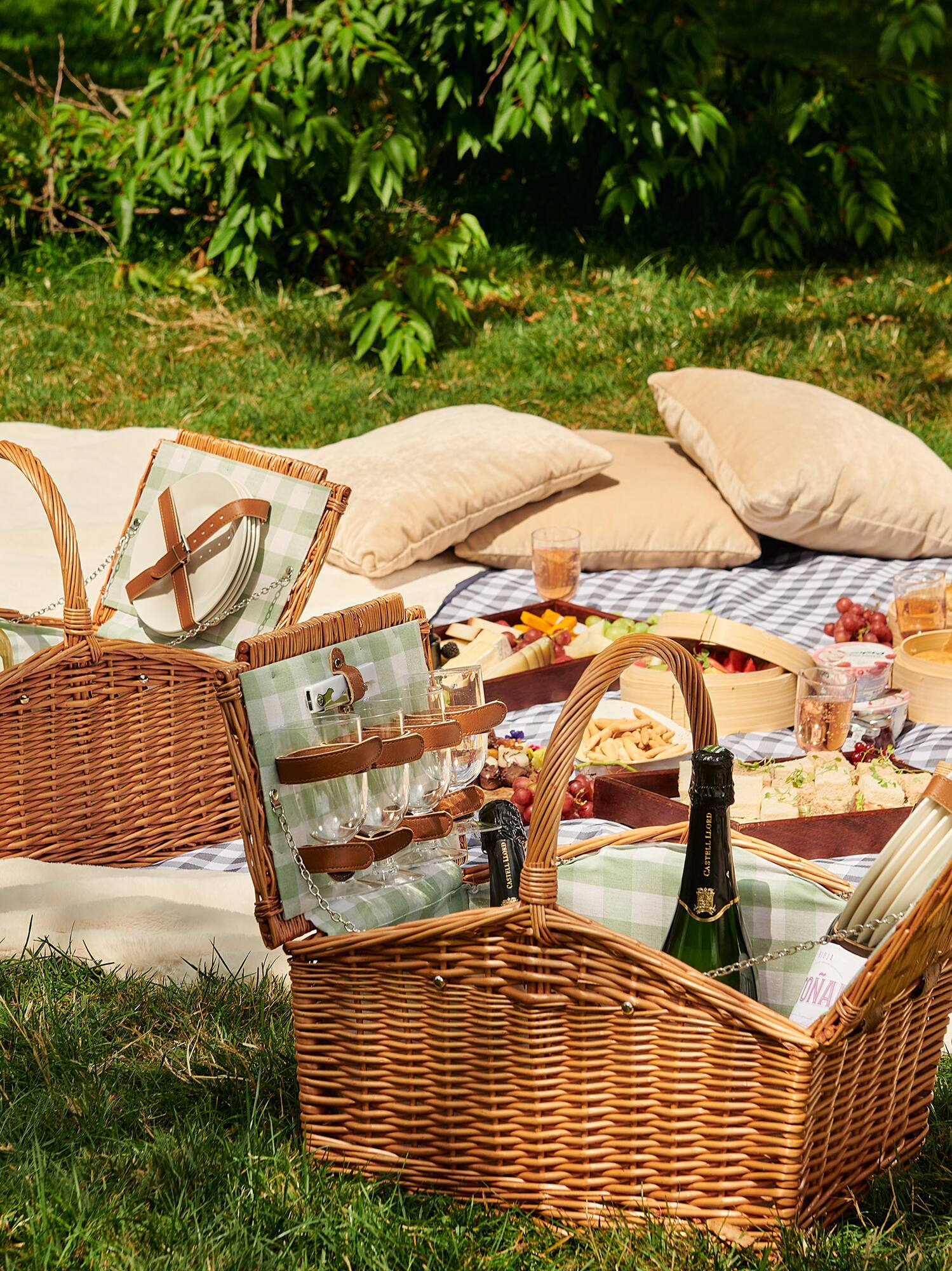 picnic basket on a blanket