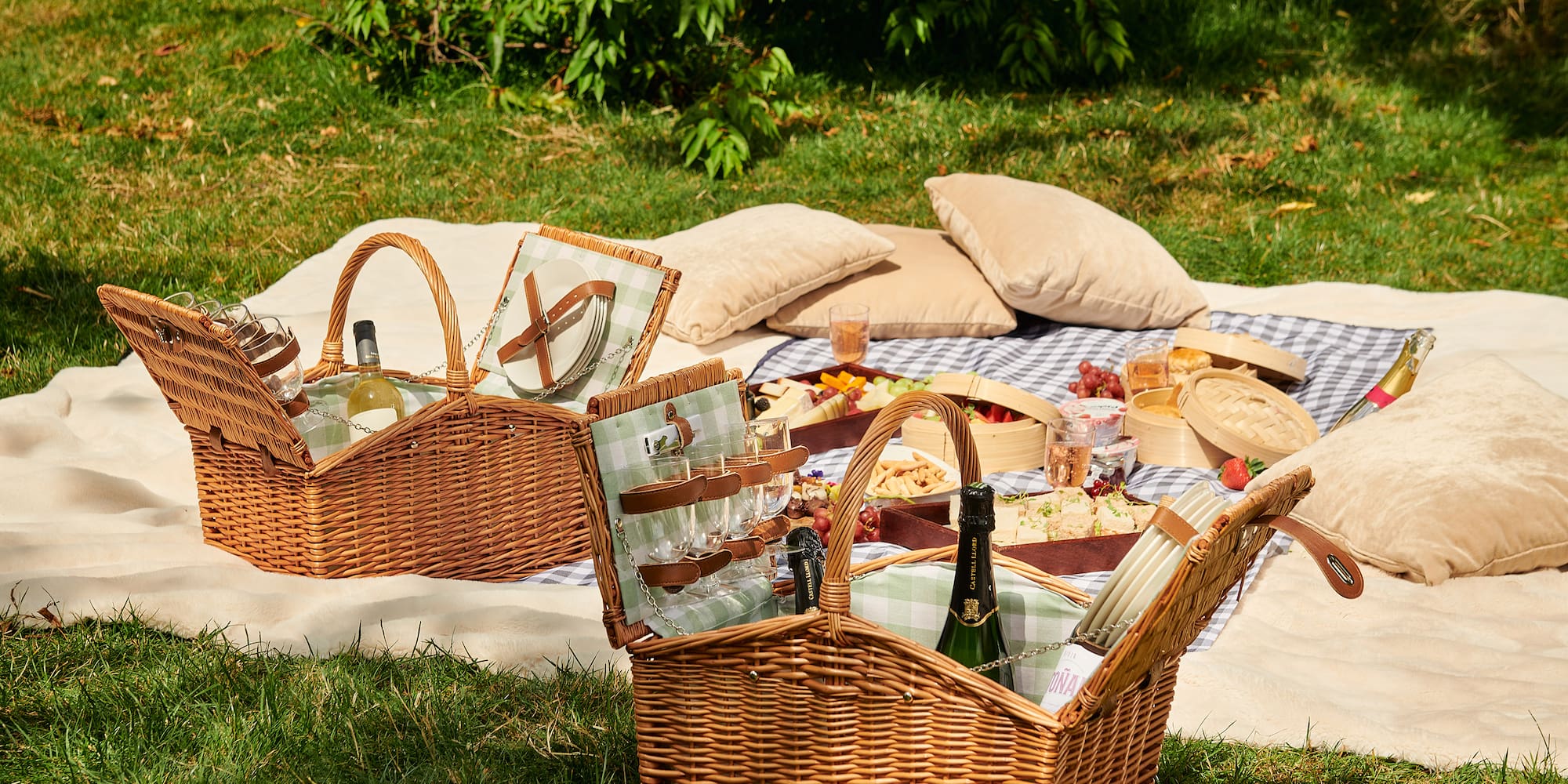 picnic basket on a blanket