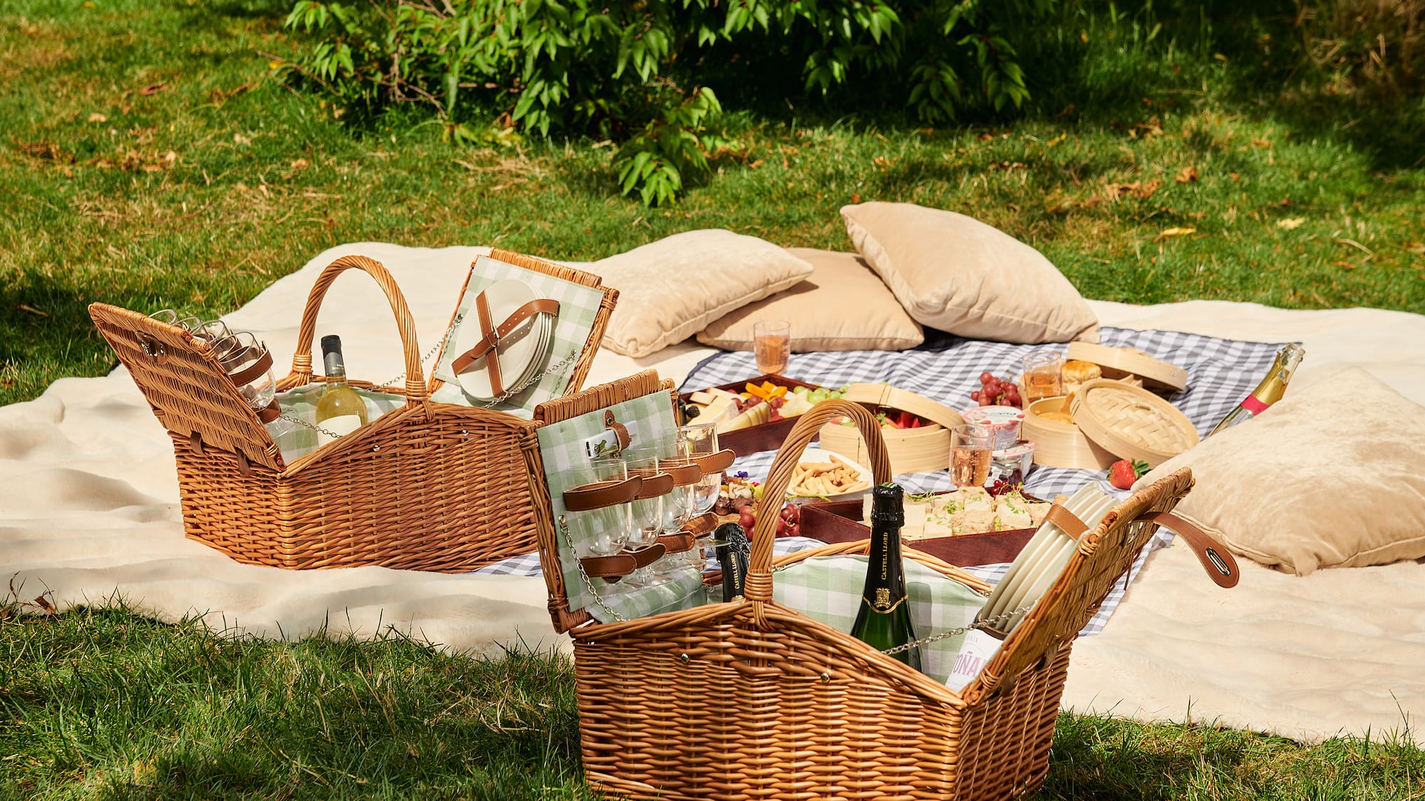 picnic basket on a blanket