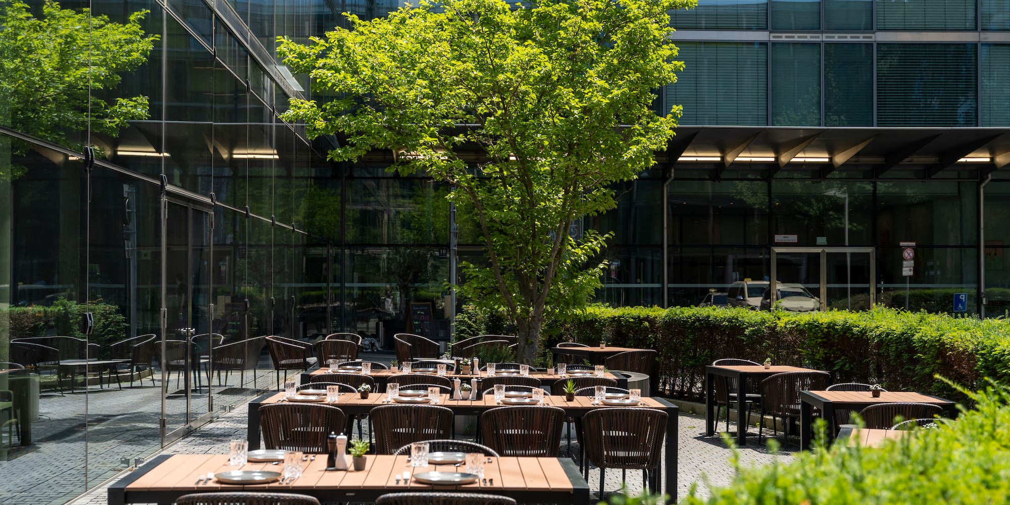 a tables and chairs outside a building
