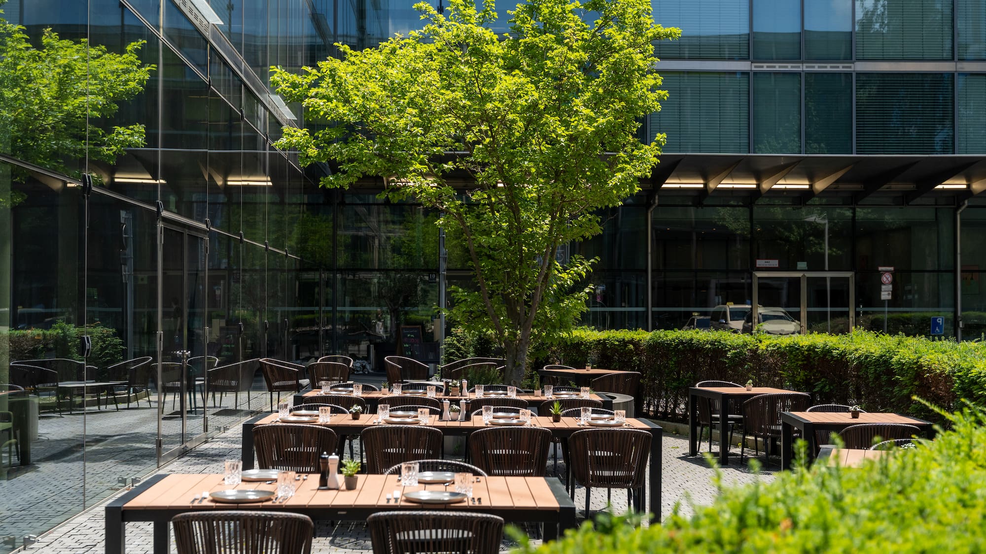 a tables and chairs outside a building