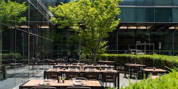 a tables and chairs outside a building