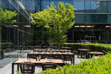 a tables and chairs outside a building