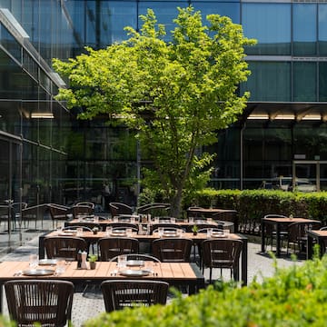 a tables and chairs outside a building