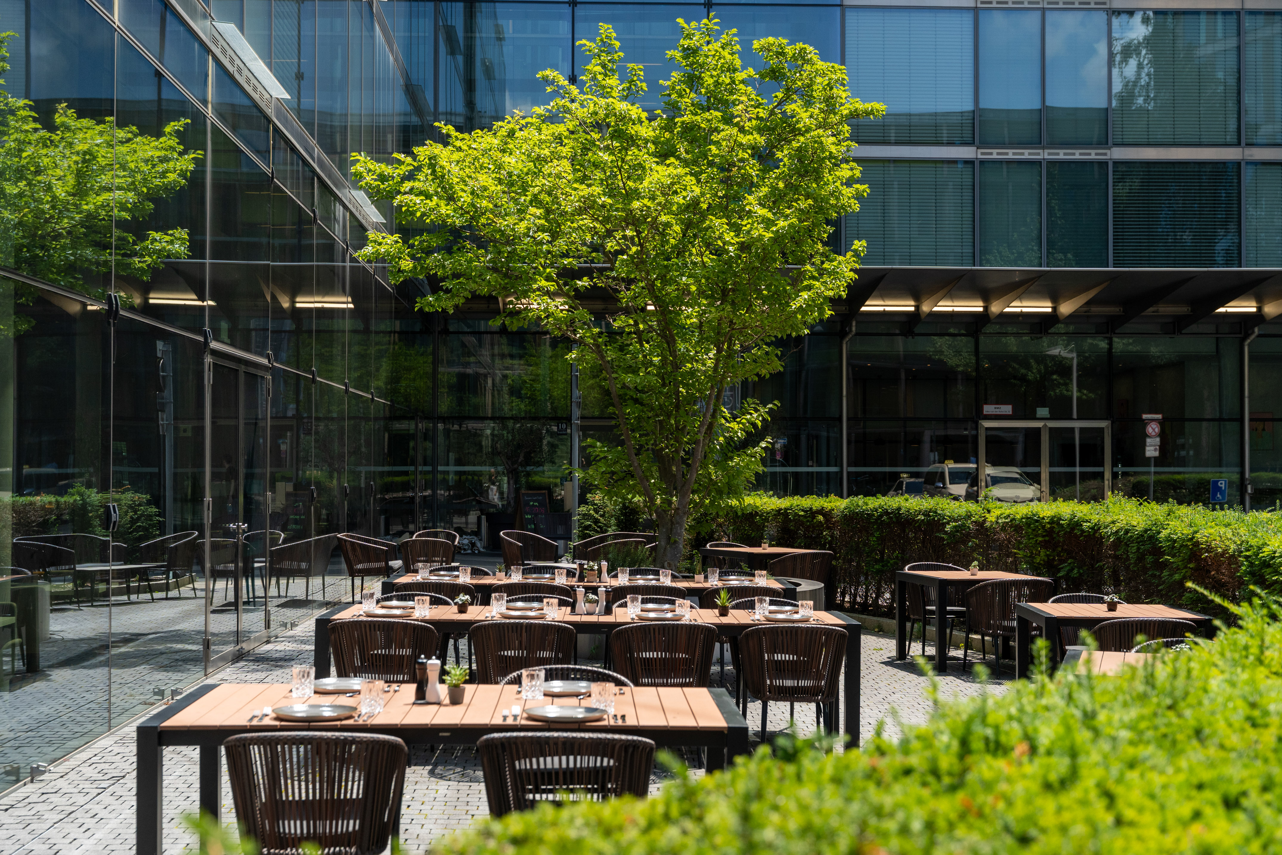 Modern outdoor restaurant patio with set tables, green tree, and glass building.
