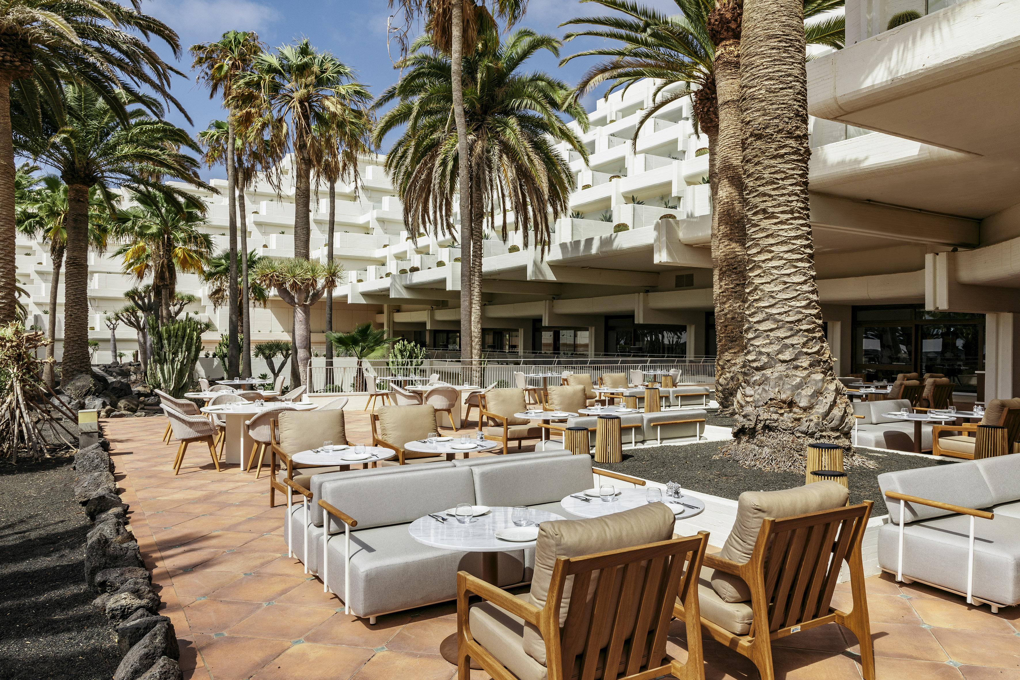 Tropical hotel patio restaurant with modern outdoor seating and palm trees.