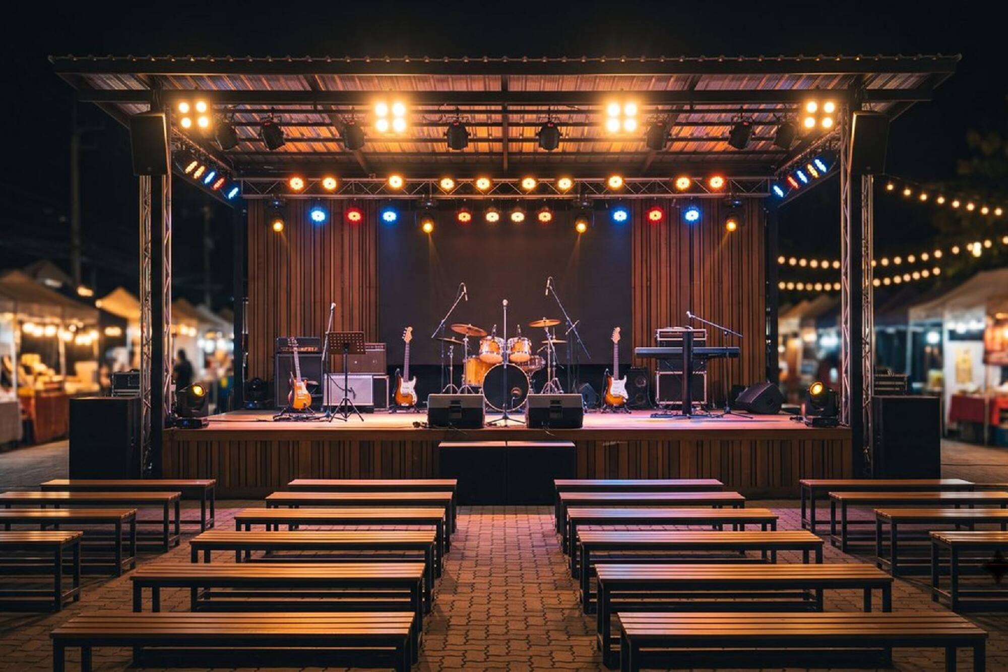 Lit outdoor stage with musical instruments, audience benches, and a night market background.
