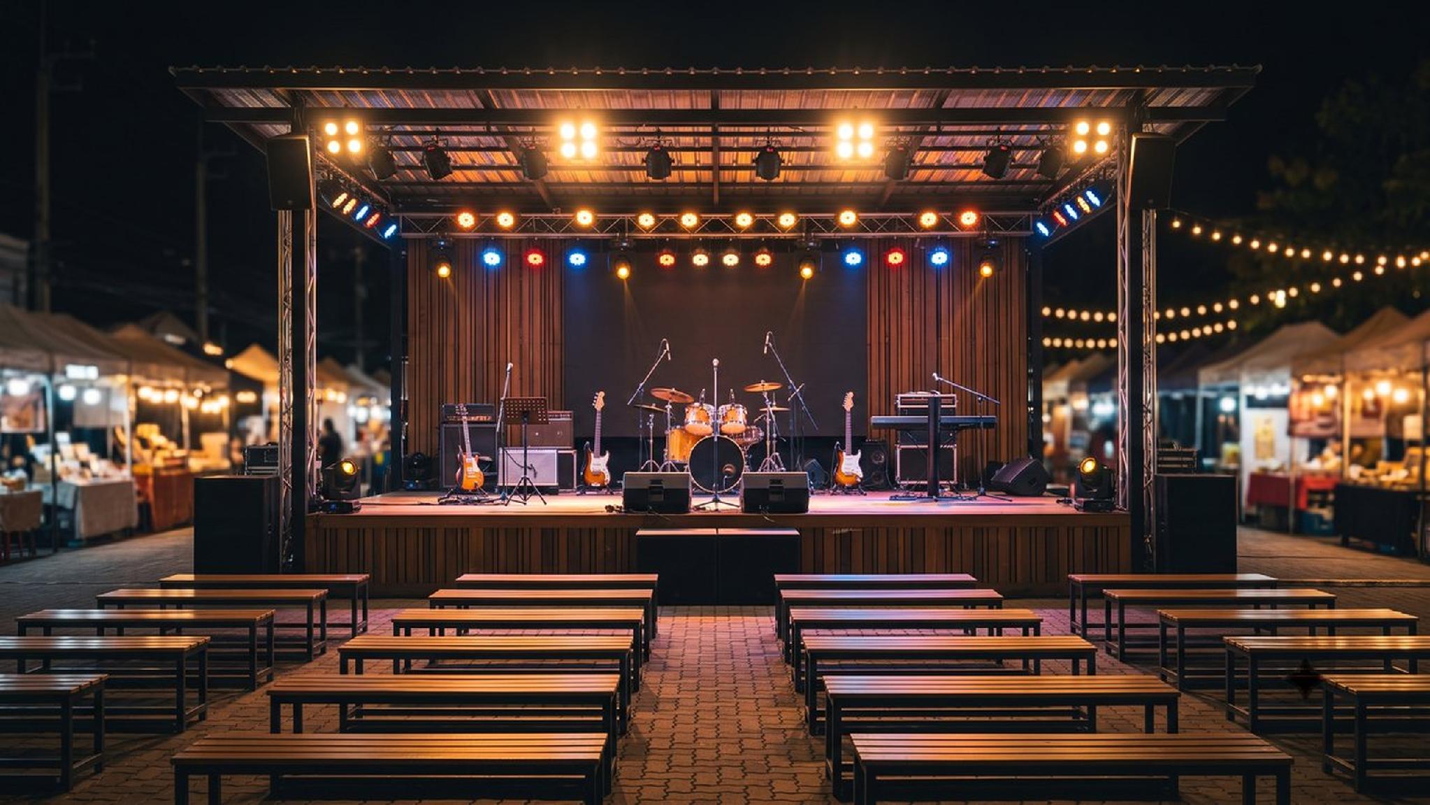 Lit outdoor stage with musical instruments, audience benches, and a night market background.