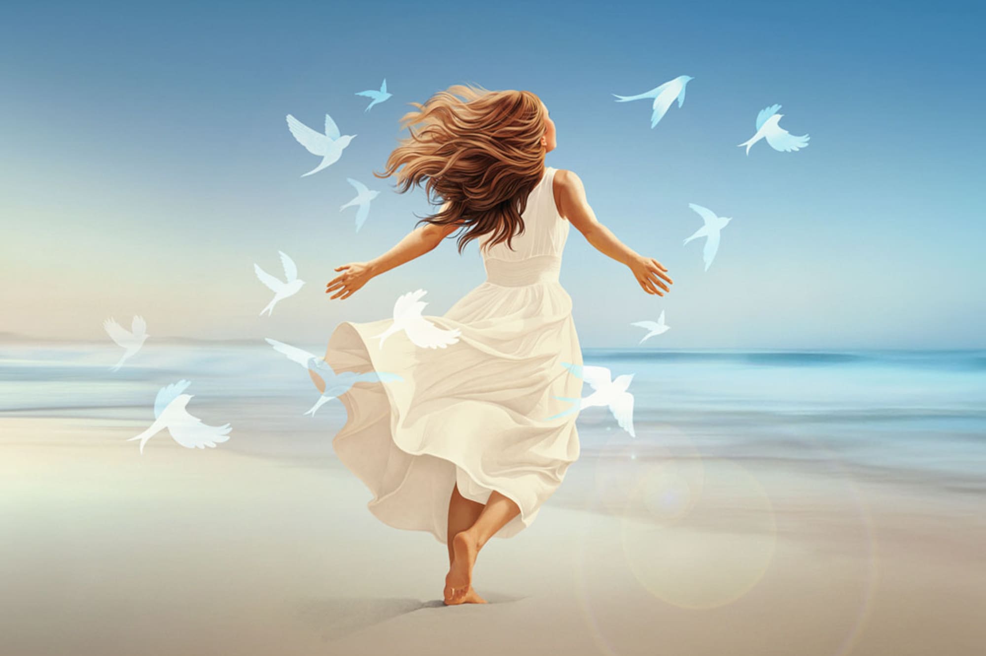 Woman in flowing white dress, barefoot on beach, with birds, ocean backdrop.