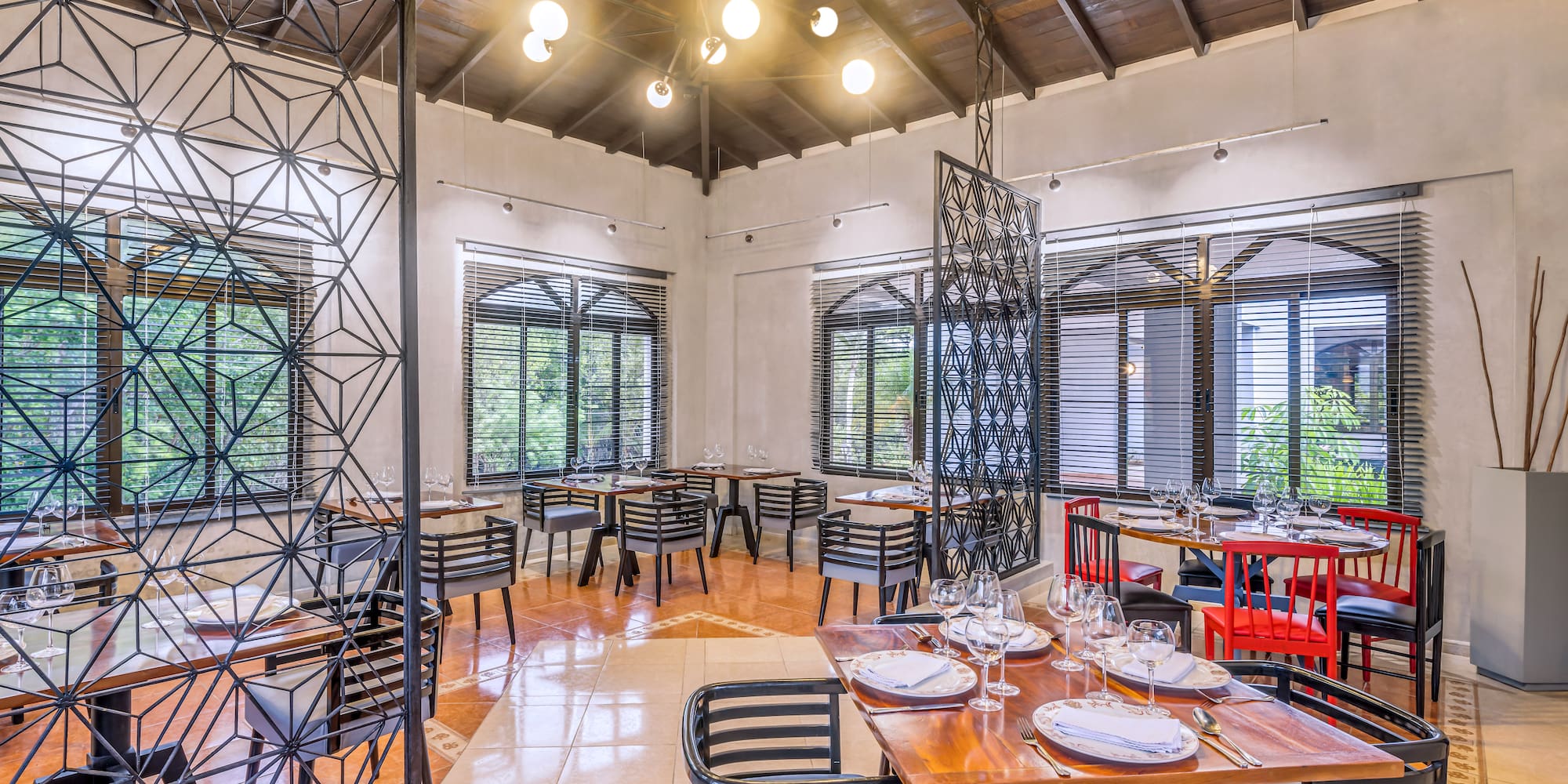 a room with tables and chairs