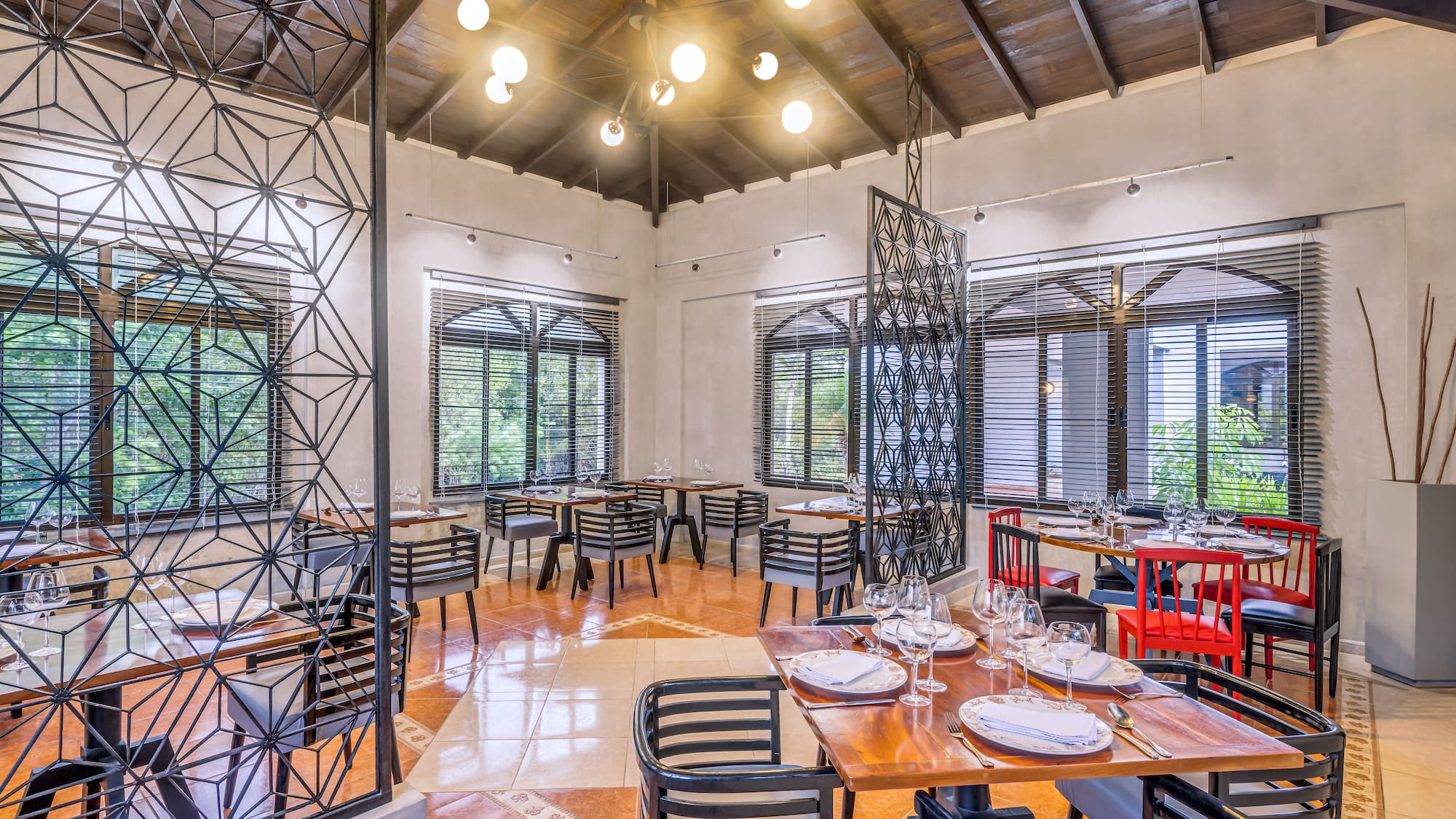 a room with tables and chairs