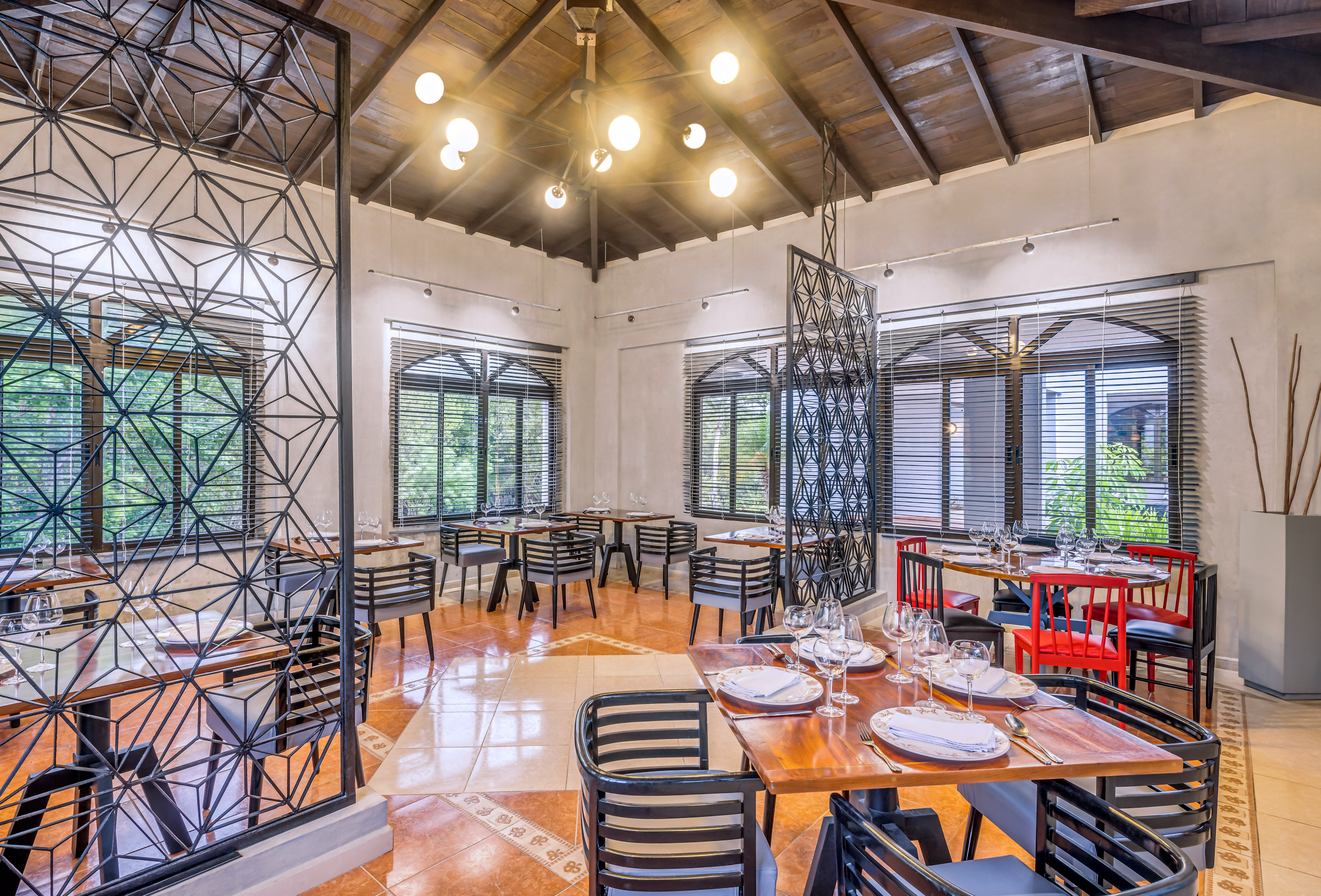 a room with tables and chairs