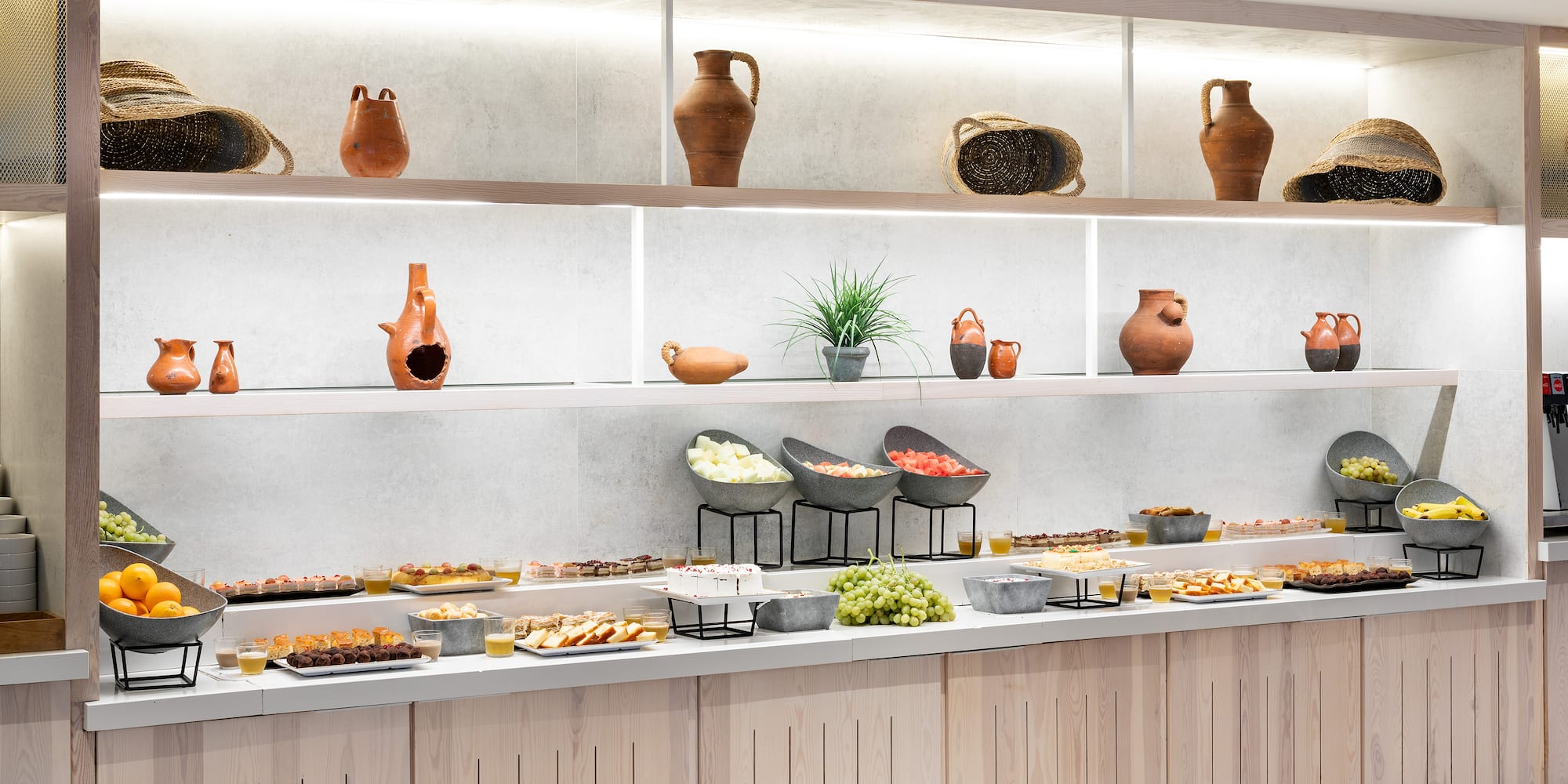 a buffet with food on shelves