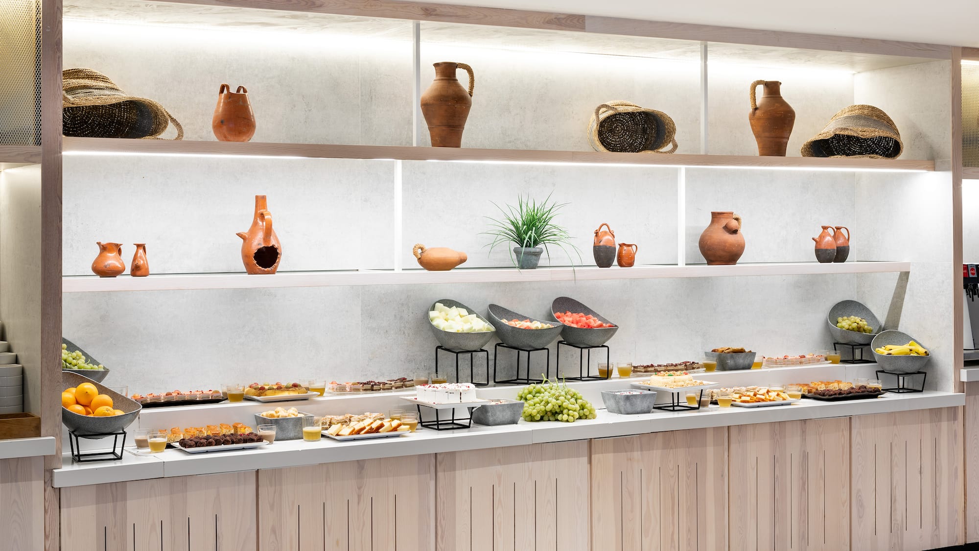 a buffet with food on shelves