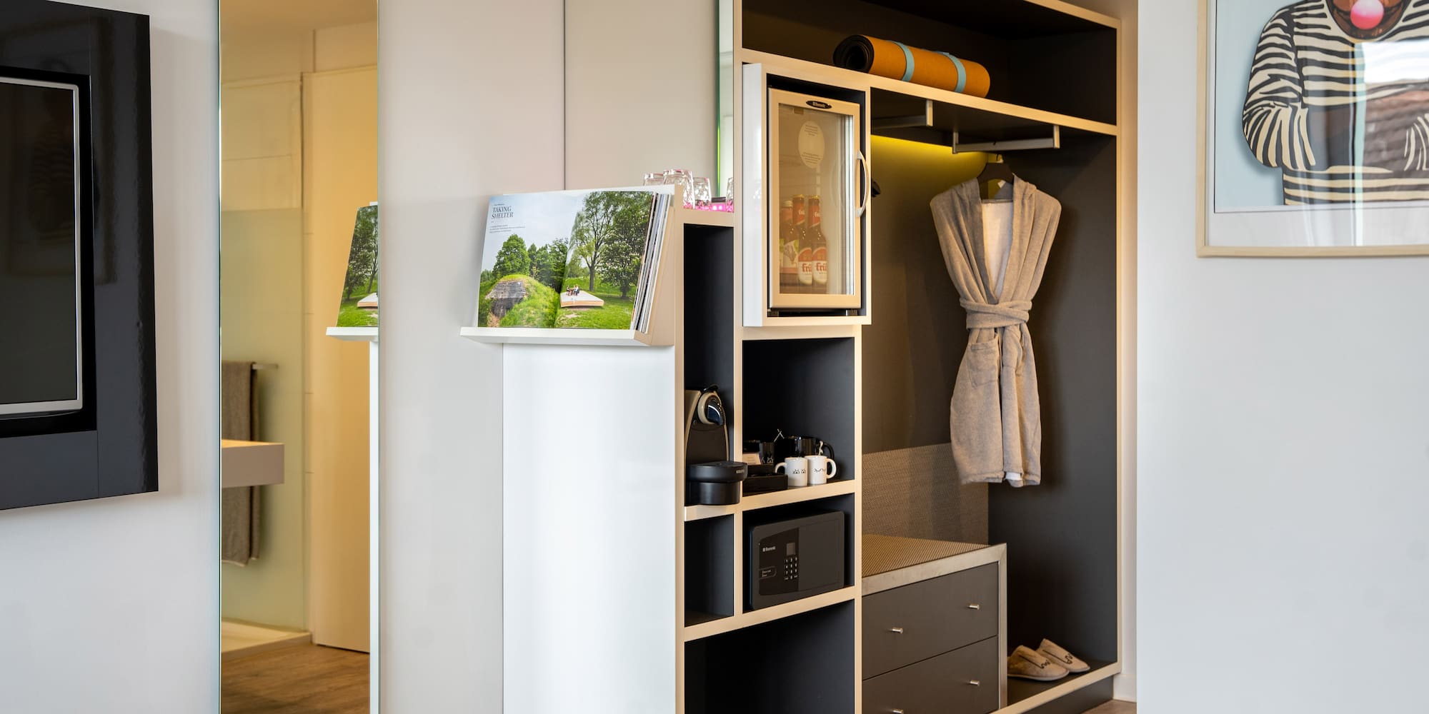 a room with a closet and a bed