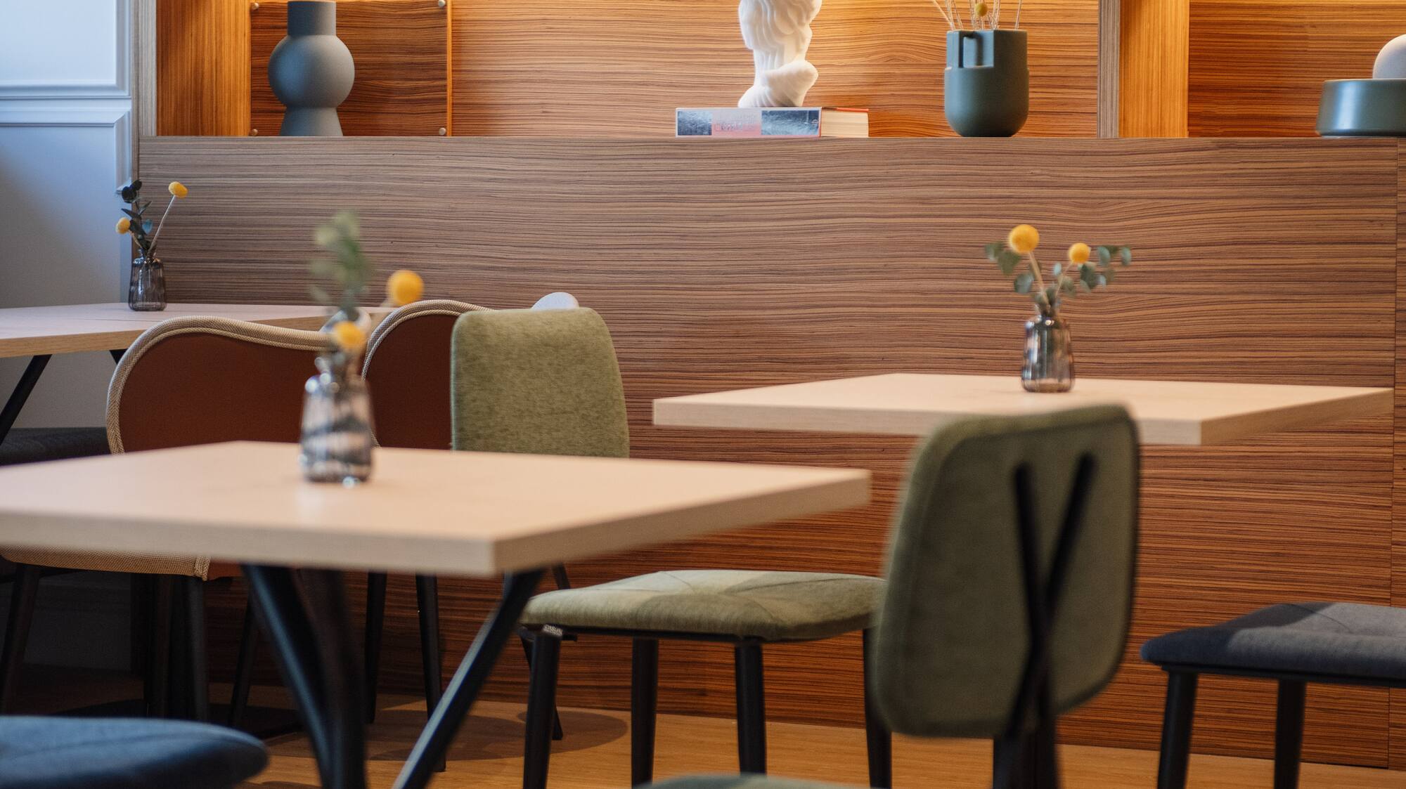 a room with tables and chairs