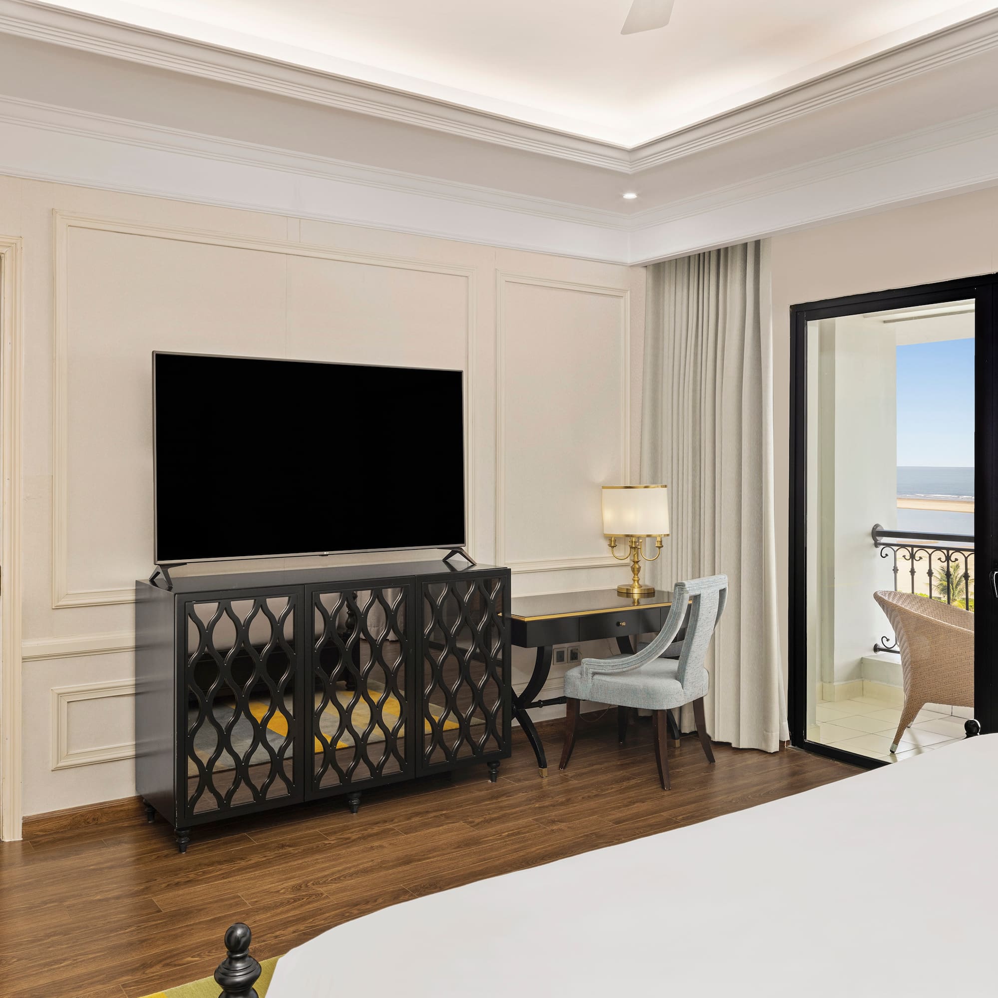 a room with a tv and a table